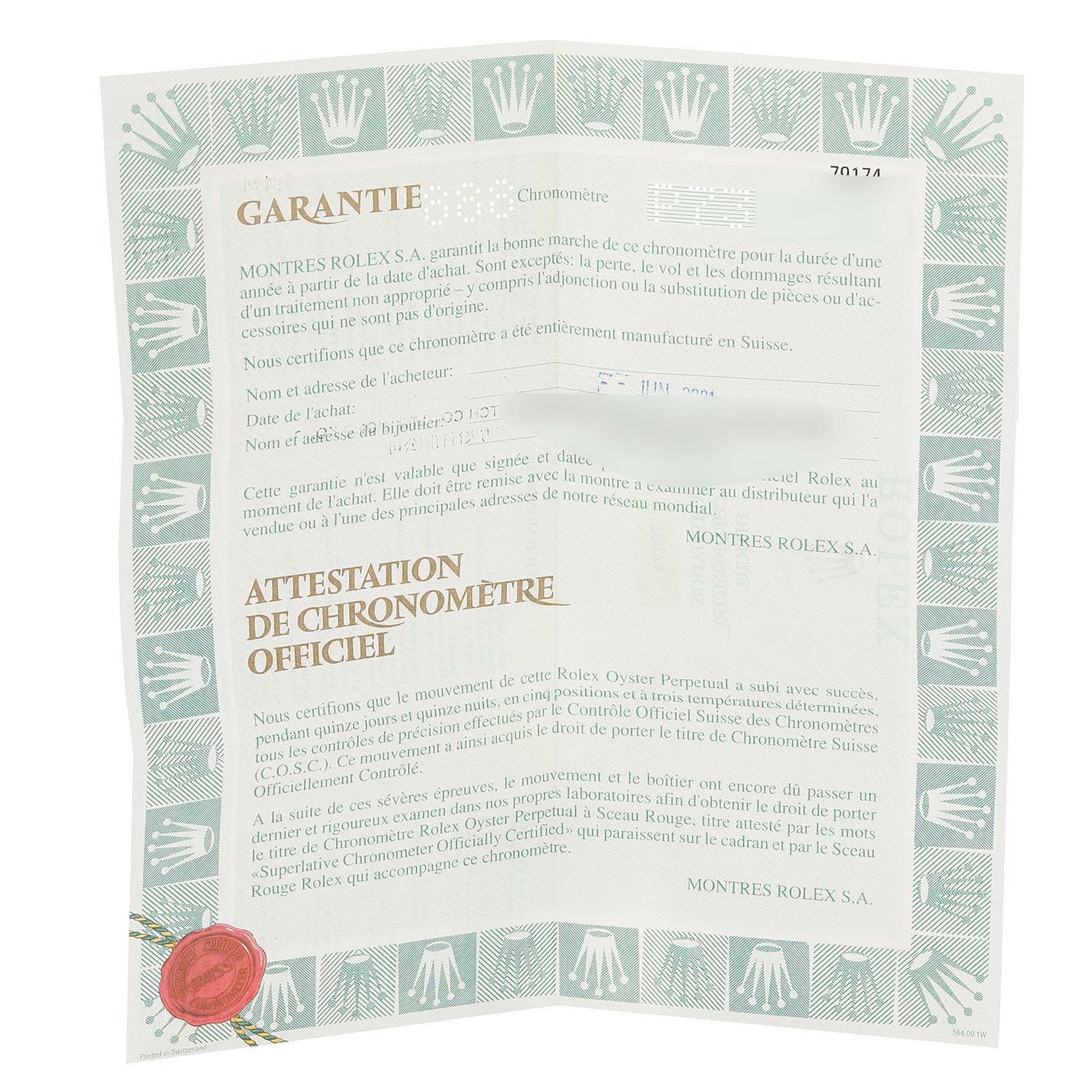 This image shows the official warranty certificate for a Rolex Datejust 79174 Women's Stainless Steel Silver Dial 79174 Women's Stainless Steel Silver Dial watch.