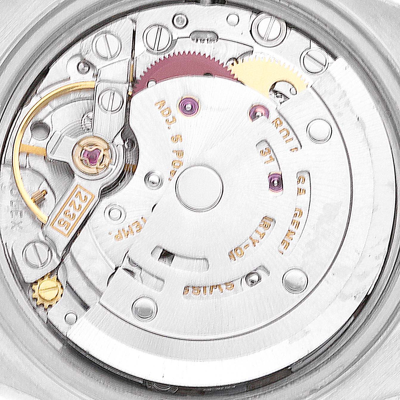 This image shows the inner mechanism and movement of a Rolex Datejust 79174 Women's Stainless Steel Silver Dial 79174 Women's Stainless Steel Silver Dial watch, viewed from the back.