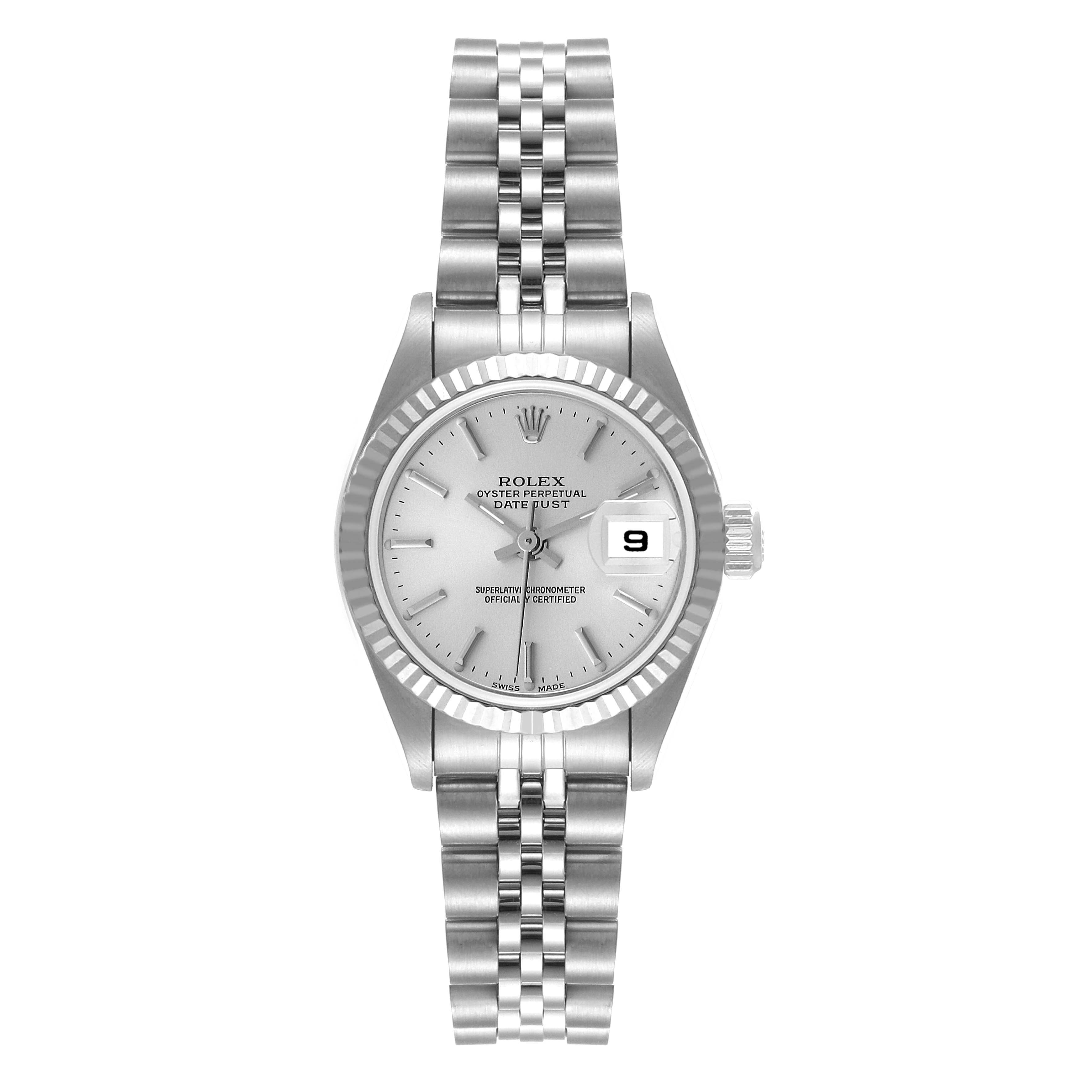 The Rolex Datejust 79174 Women's Stainless Steel Silver Dial 79174 Women's Stainless Steel Silver Dial watch is shown from a top-down angle, displaying the face, bezel, part of the bracelet, and the date indicator.
