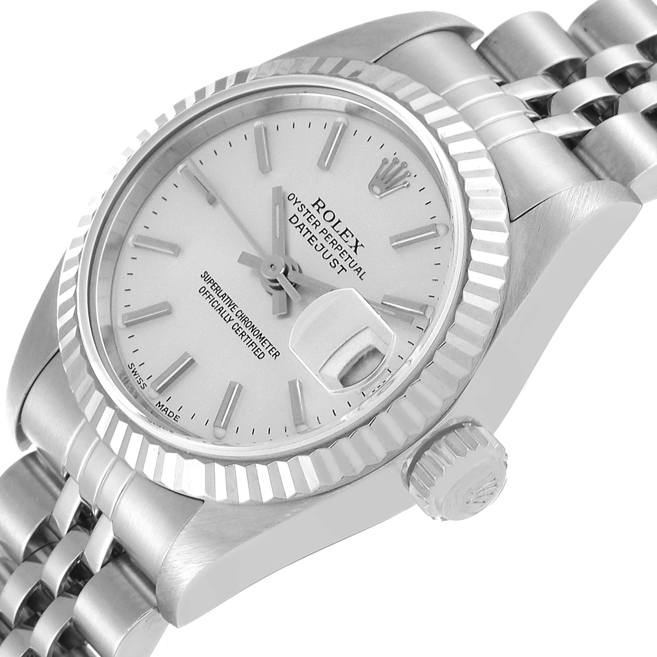 This image shows a close-up of the Rolex Datejust 79174 Women's Stainless Steel Silver Dial 79174 Women's Stainless Steel Silver Dial watch at an angle, highlighting the dial, bezel, crown, and part of the bracelet.