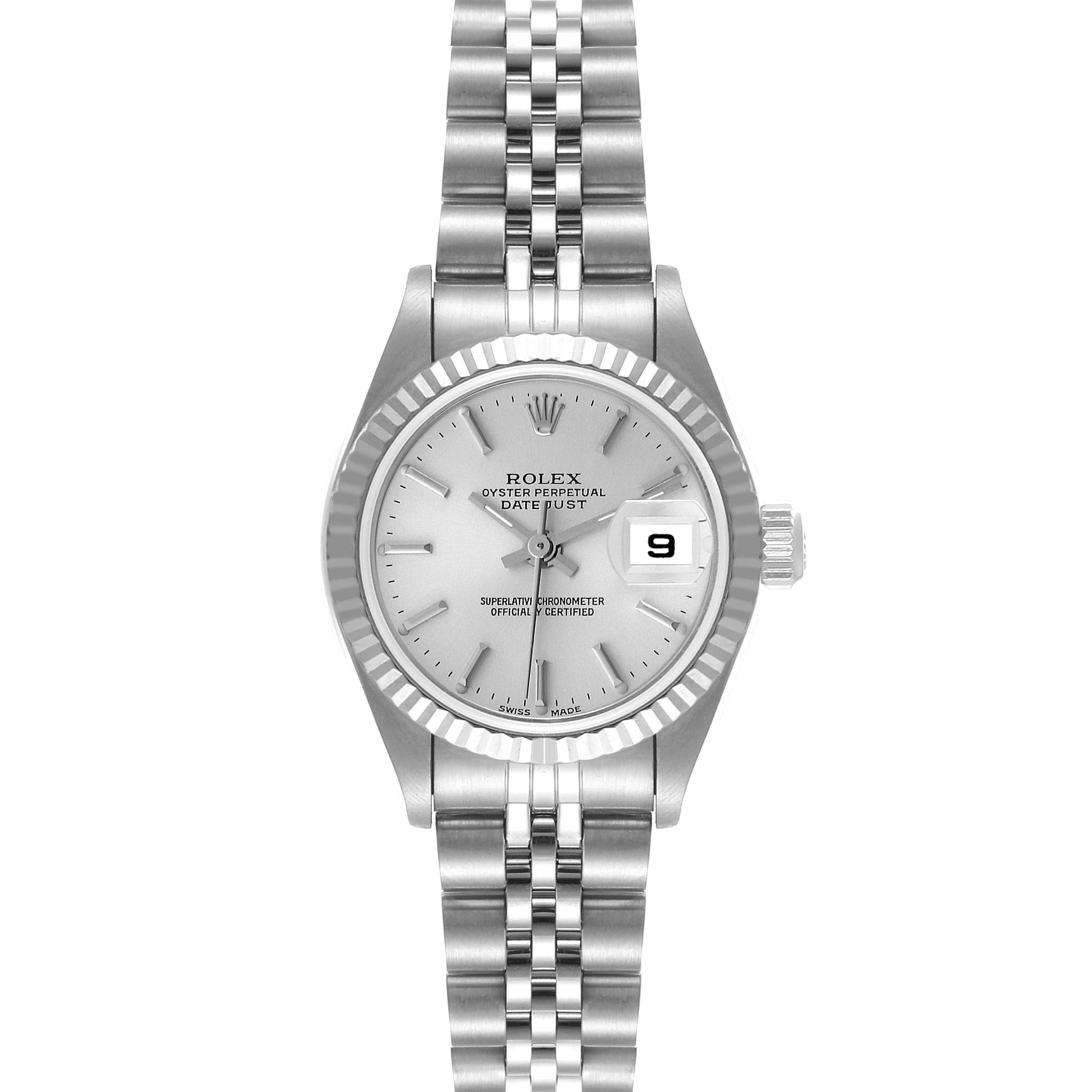The image shows a frontal view of a Rolex Datejust 79174 Women's Stainless Steel Silver Dial 79174 Women's Stainless Steel Silver Dial watch, featuring the face, bezel, and bracelet.