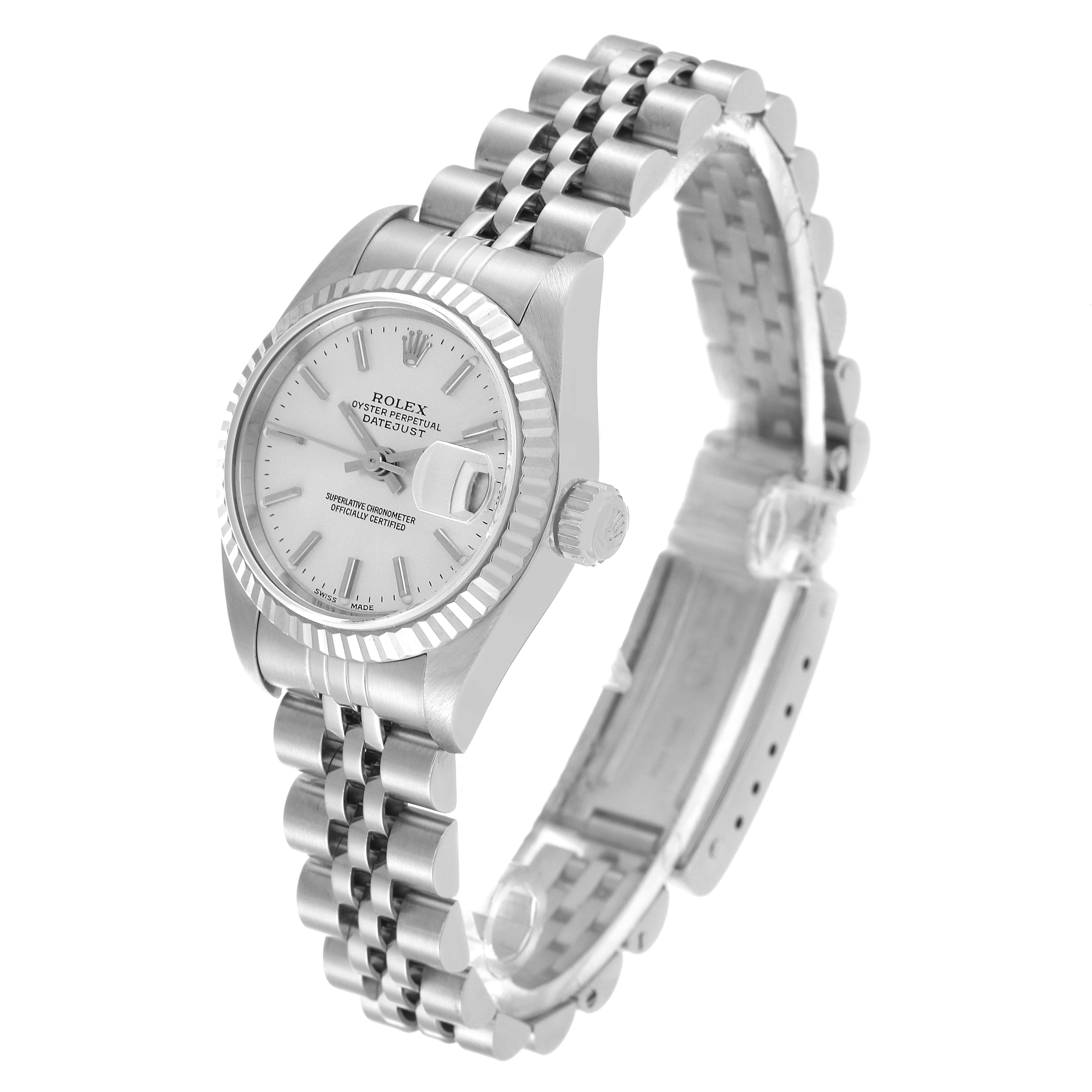 This Rolex Datejust 79174 Women's Stainless Steel Silver Dial 79174 Women's Stainless Steel Silver Dial watch is shown at a three-quarter angle, revealing the dial, bezel, crown, and part of the bracelet.