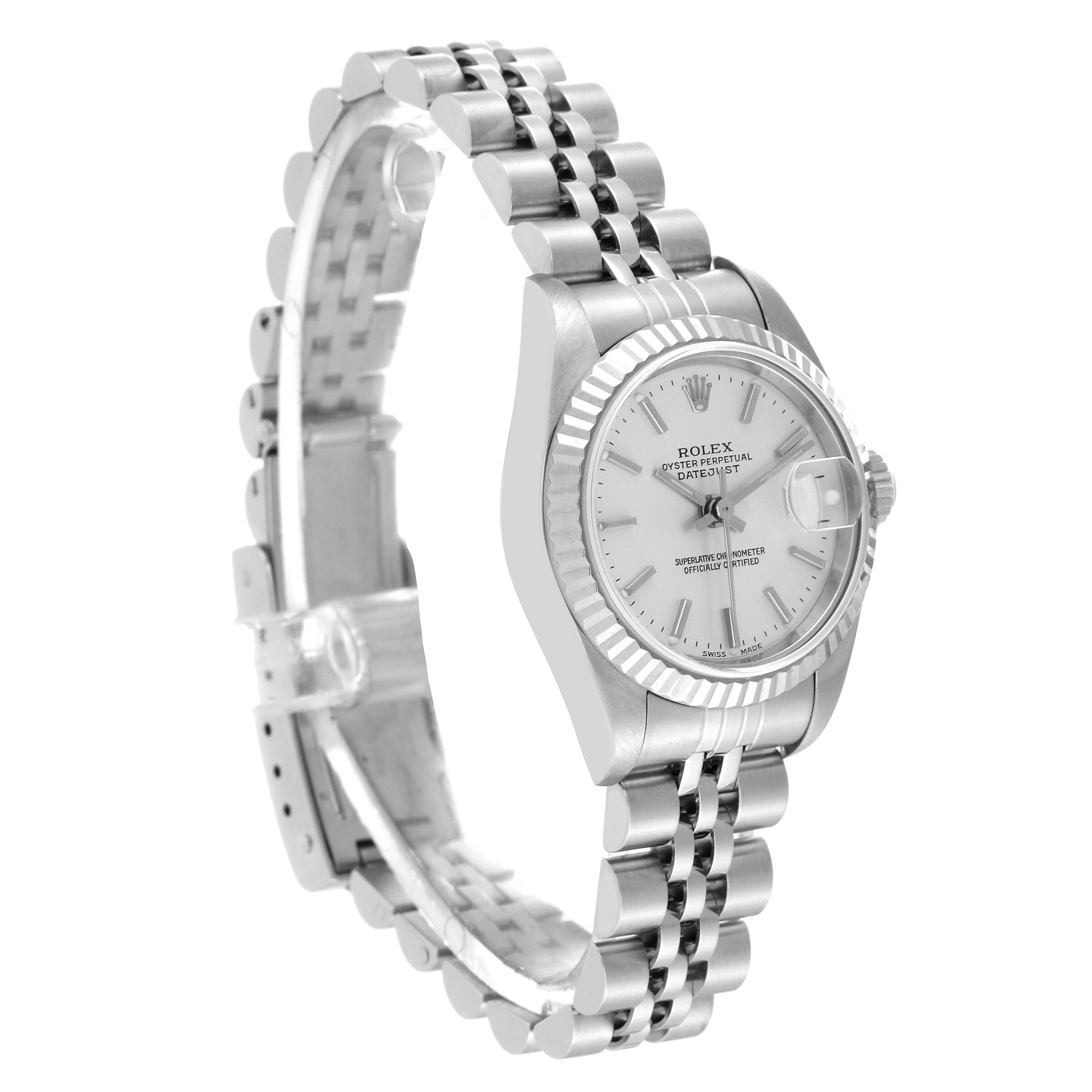 This image shows a Rolex Datejust 79174 Women's Stainless Steel Silver Dial 79174 Women's Stainless Steel Silver Dial watch from the front-left angle, highlighting the bracelet, bezel, and face.