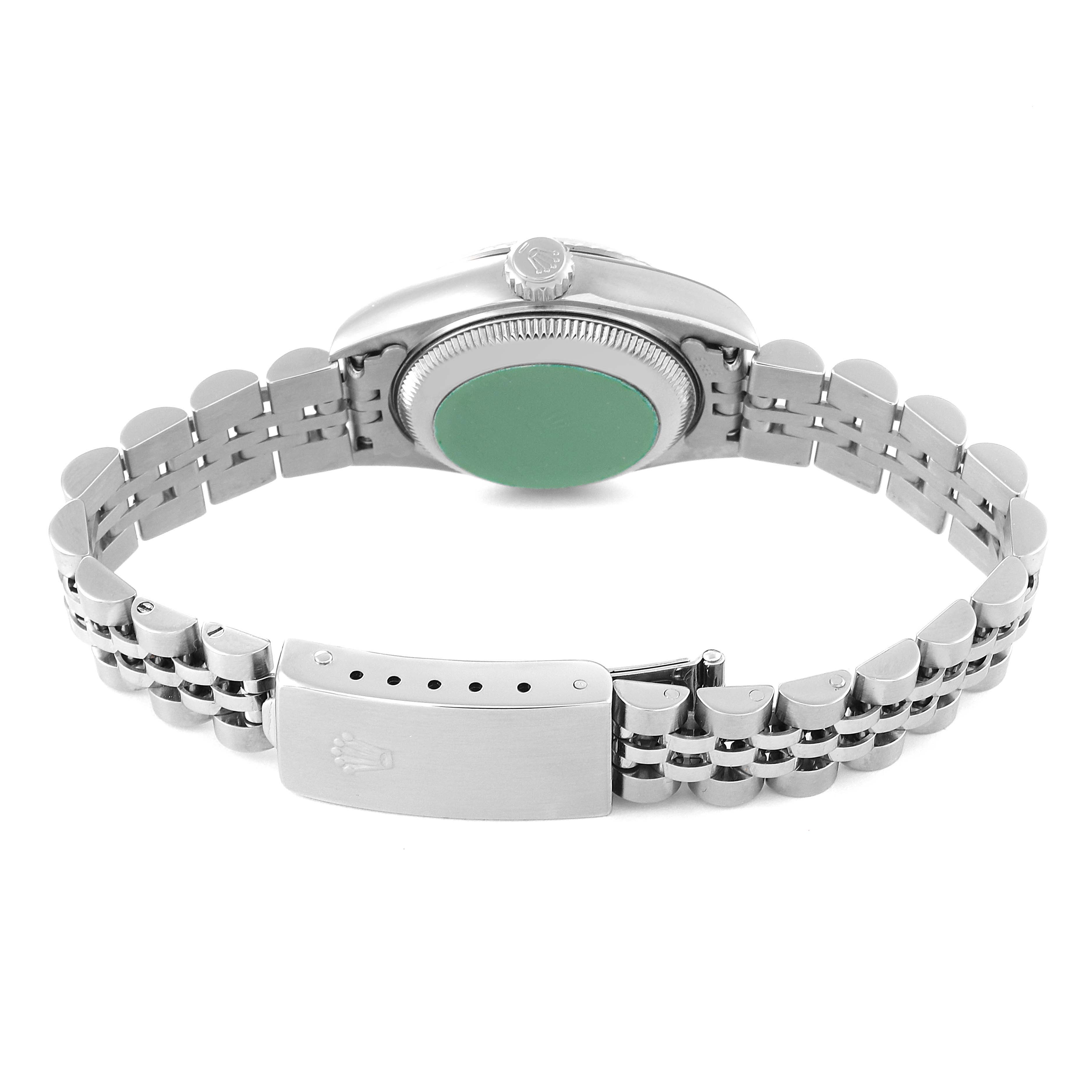 The image shows the back view of a Rolex Datejust 79174 Women's Stainless Steel Silver Dial 79174 Women's Stainless Steel Silver Dial watch, highlighting the case back, bracelet, and clasp.