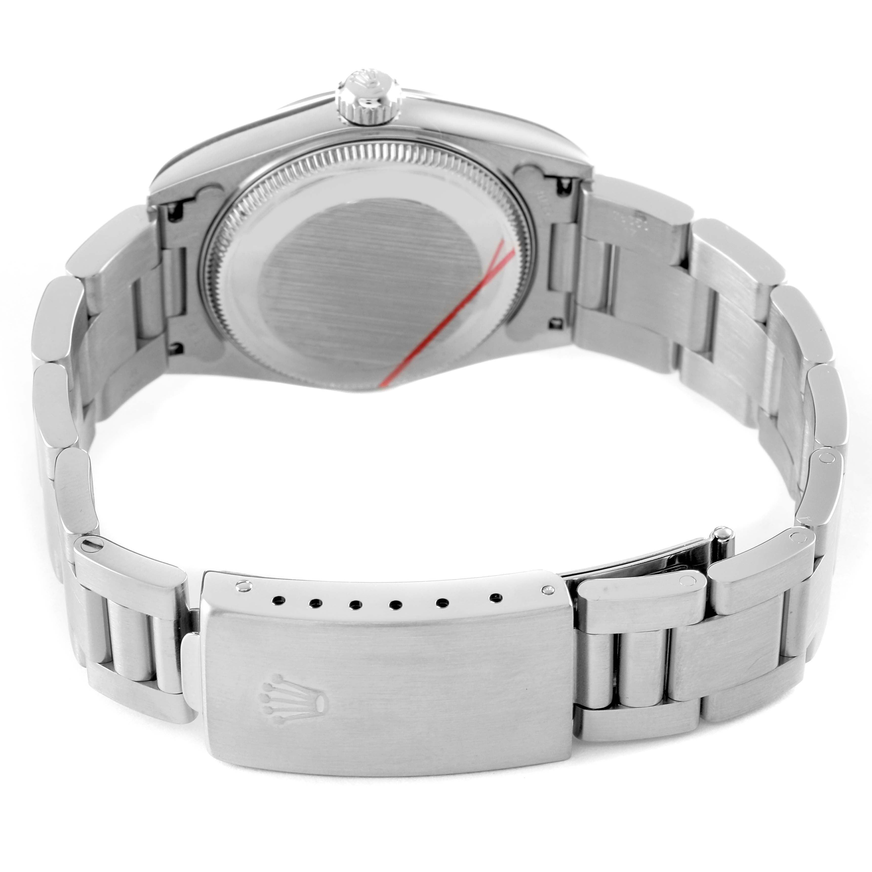 The image shows the back and clasp of a Rolex Mid-Size 78240 Women's Stainless Steel Silver Dial model, highlighting the case back and bracelet links.