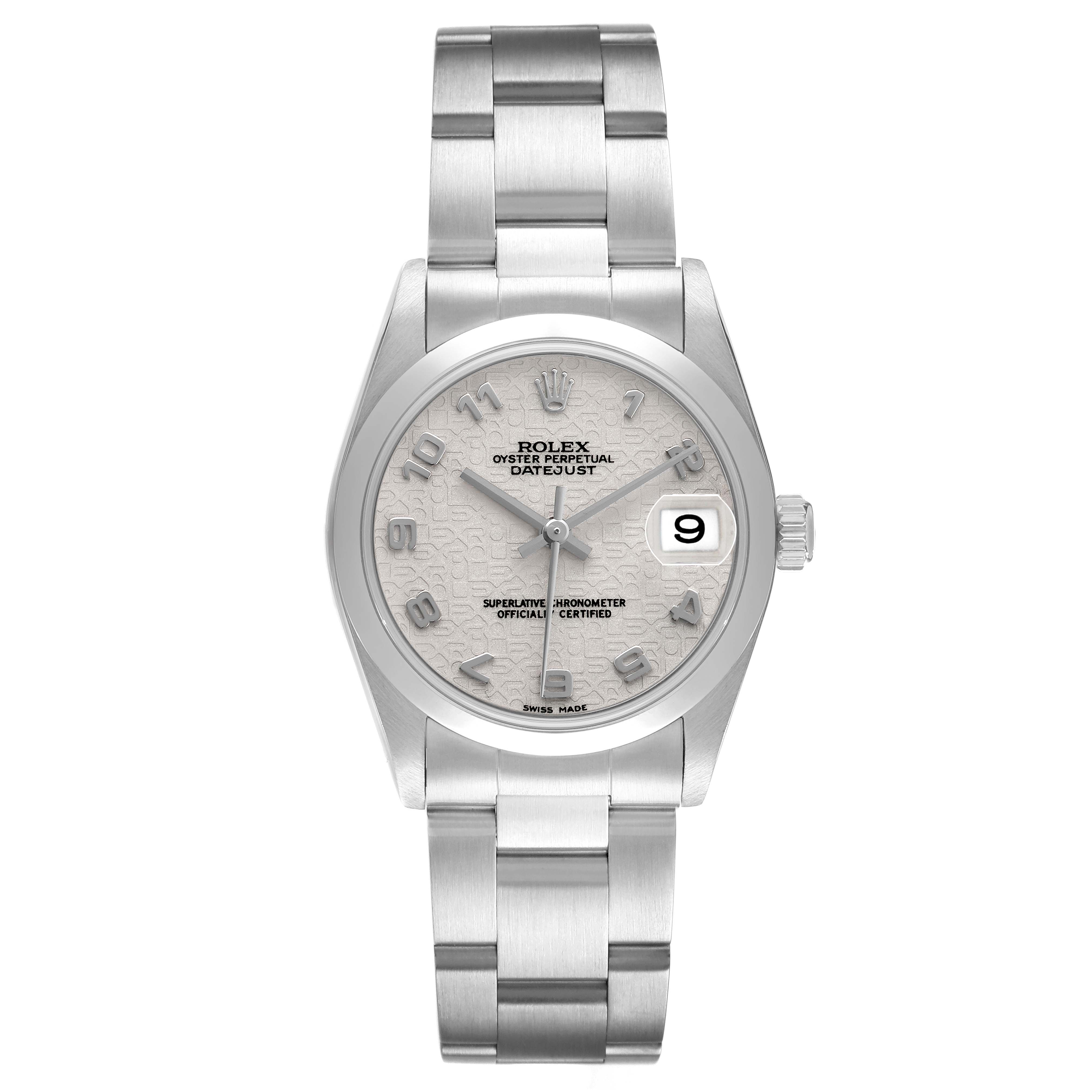 The Rolex Oyster Perpetual Datejust Mid-Size is shown from a top-down angle, displaying the dial, bezel, and bracelet.