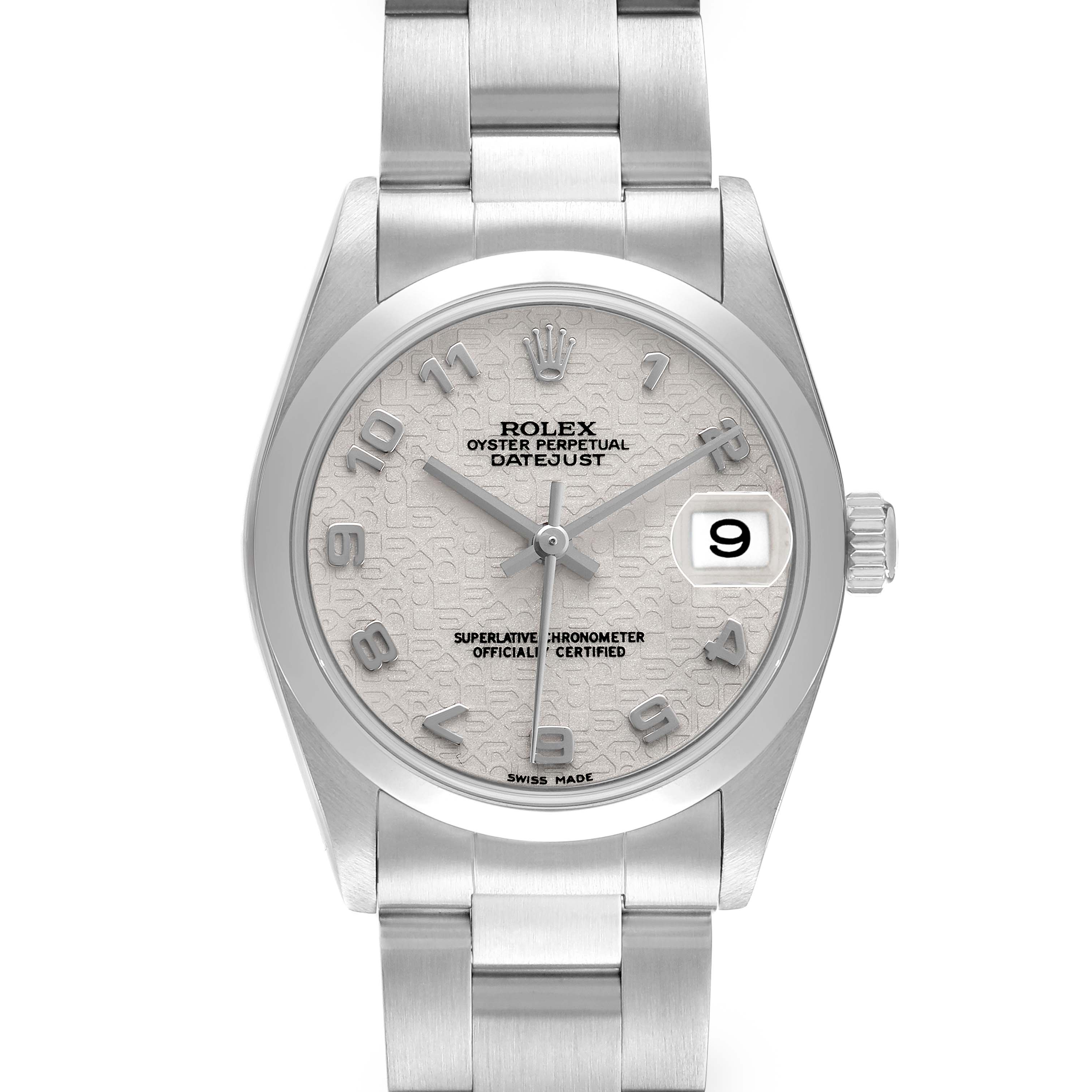 The Rolex Mid-Size 78240 Women's Stainless Steel Silver Dial watch is shown from a front angle, displaying the dial, hands, date, and part of the bracelet.