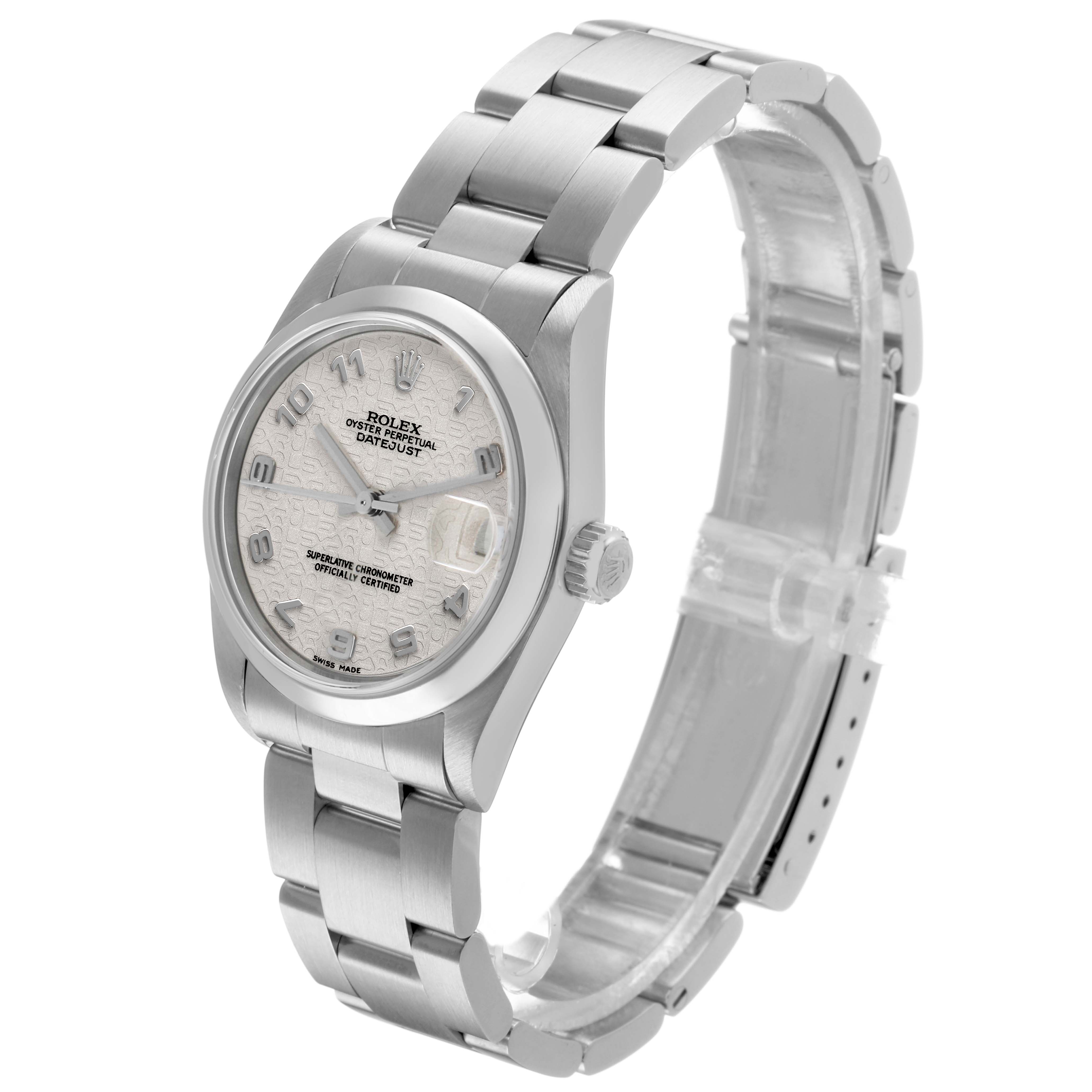 The Rolex Mid-Size 78240 Women's Stainless Steel Silver Dial watch is shown at a three-quarter angle, highlighting the face, bracelet, and side profile.