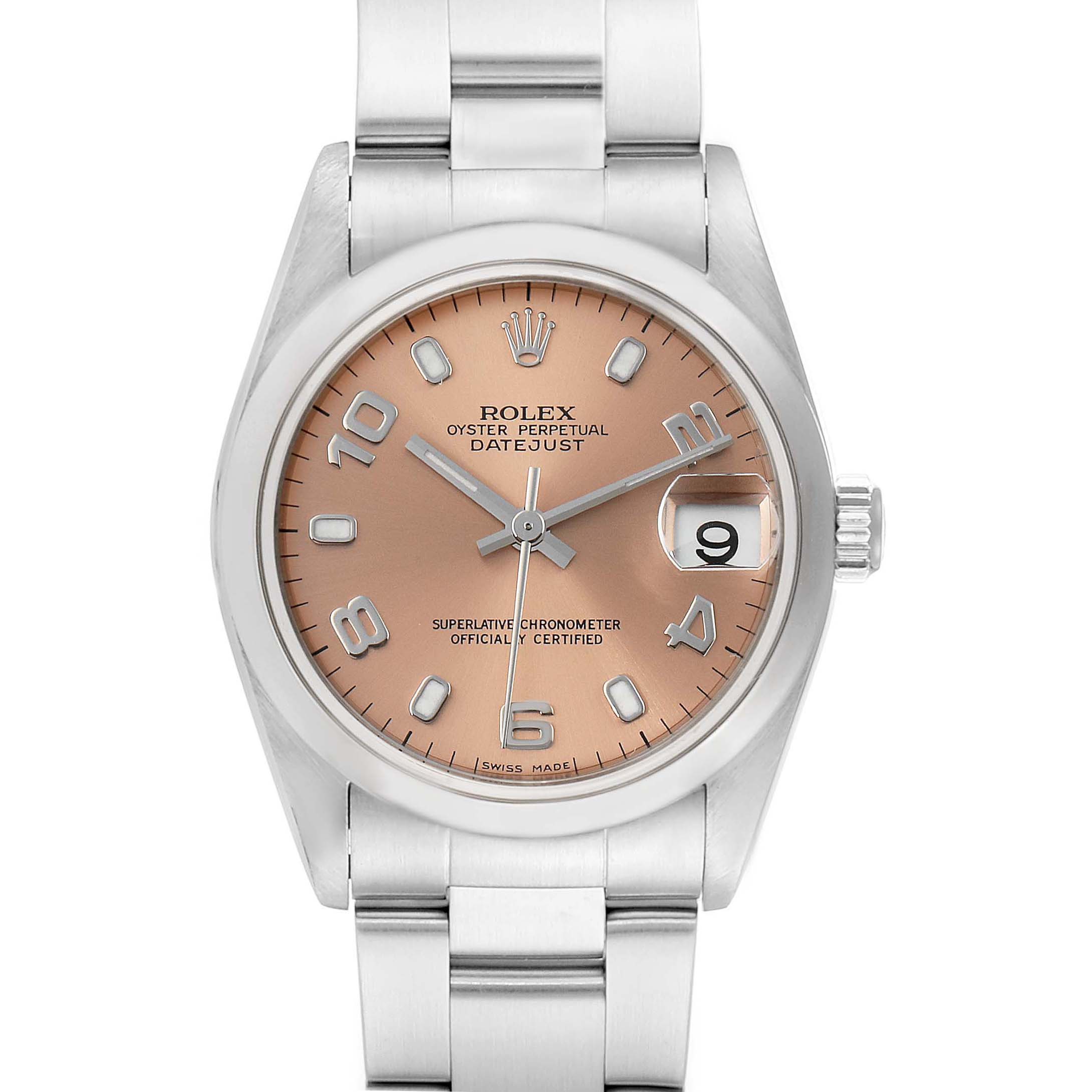 The image shows a front view of the Rolex Datejust Mid-Size watch, featuring a pink dial, Arabic numerals, and a date display at 3 o'clock.