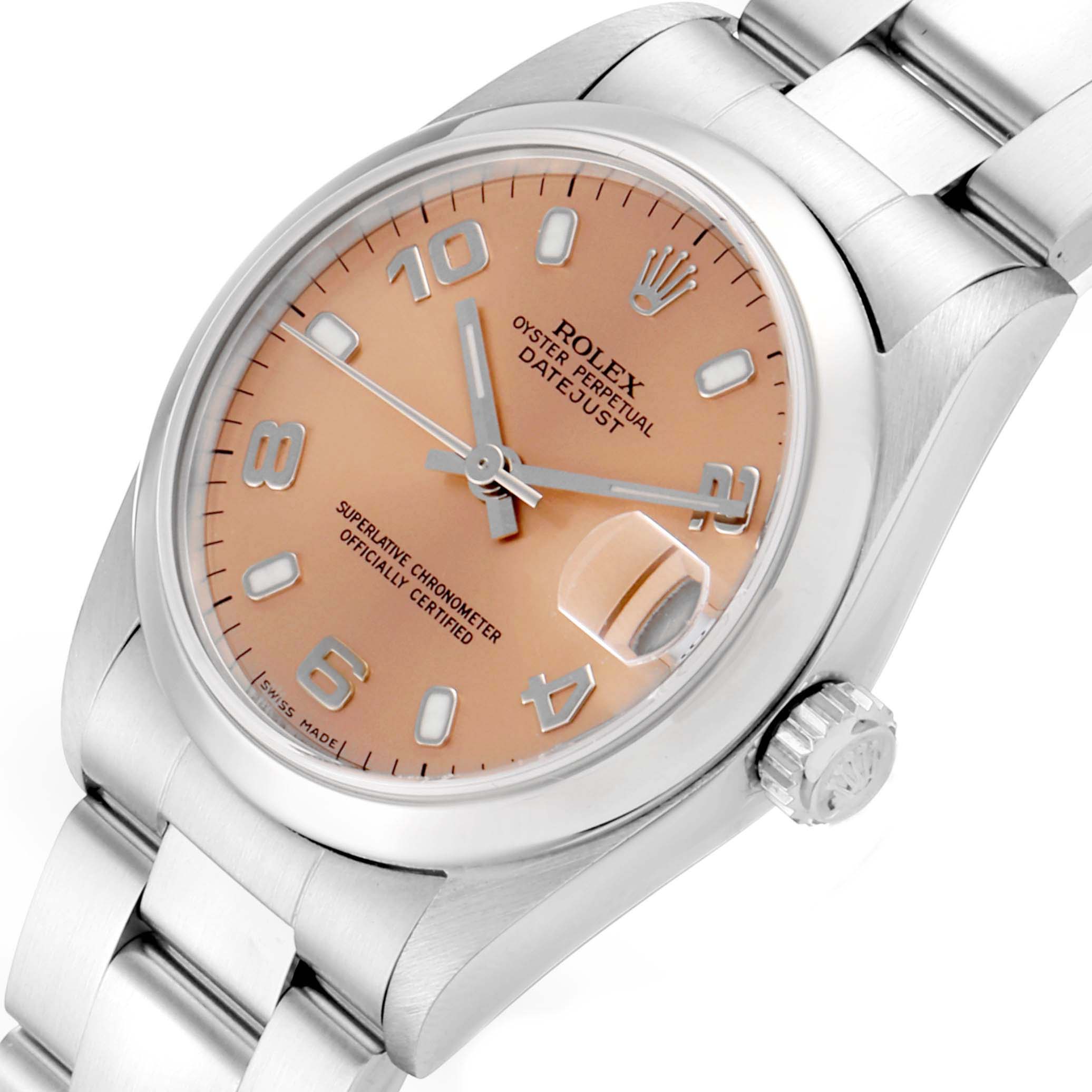 The image shows a close-up angled view of the Rolex Mid-Size 78240 Women's Stainless Steel Pink Dial 78240 Women's Stainless Steel Pink Dial Datejust watch, highlighting the dial, crown, and part of the bracelet.