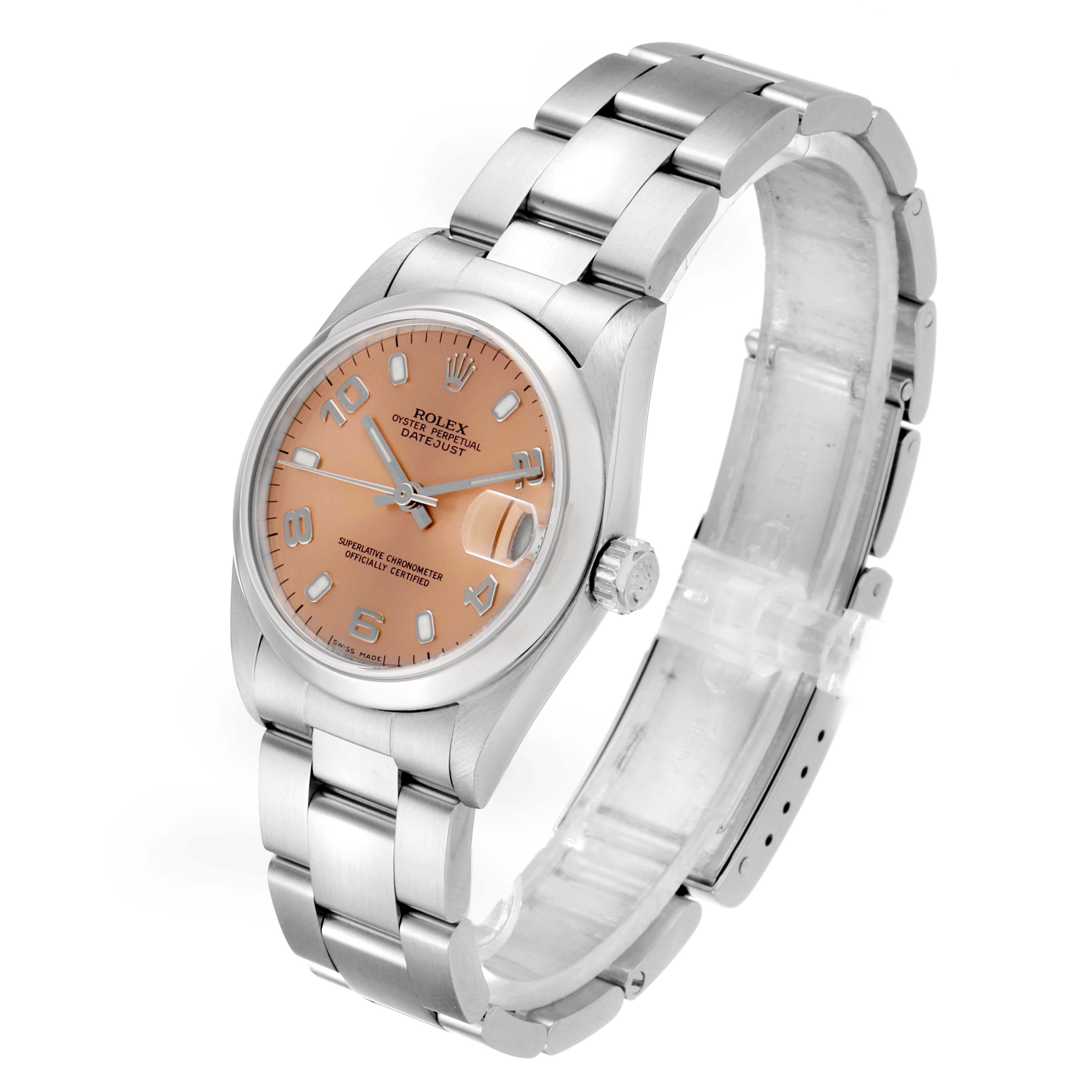 This image shows a Rolex Mid-Size 78240 Women's Stainless Steel Pink Dial 78240 Women's Stainless Steel Pink Dial Oyster Perpetual Datejust watch from an angled perspective, highlighting the dial, case, and bracelet.