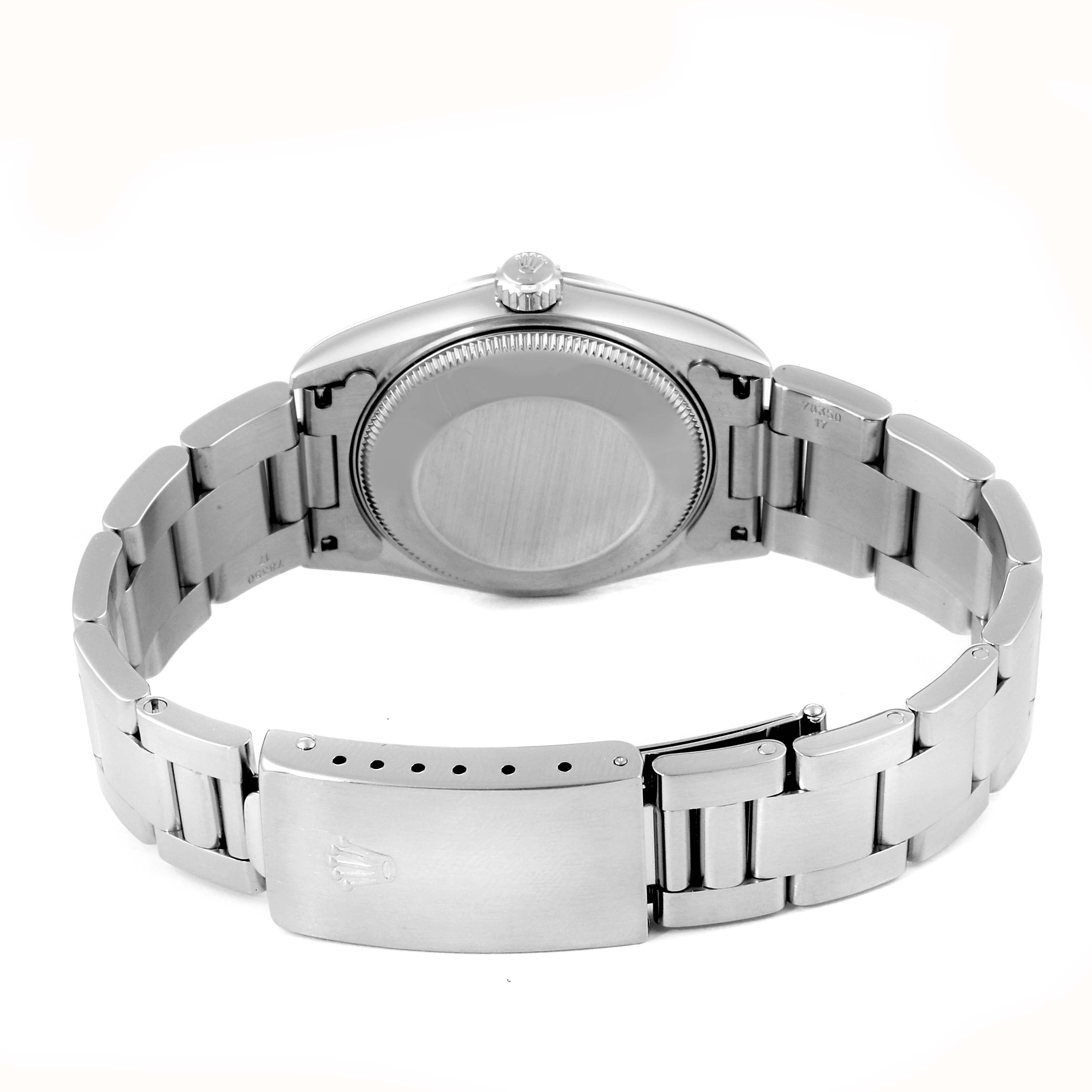 The image shows the back and bracelet of a Mid-Size Rolex watch, focusing on the case back and clasp.