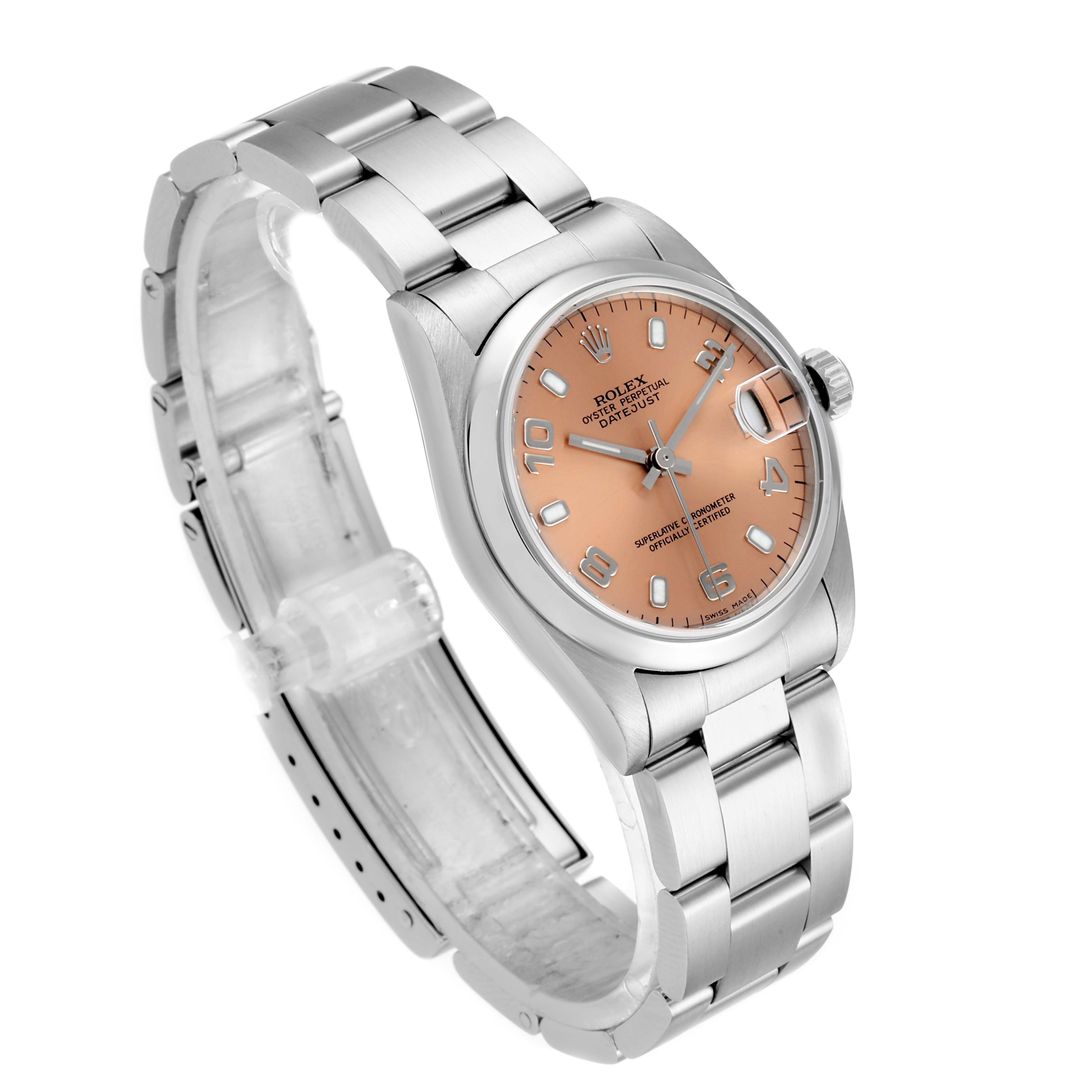 The Rolex Mid-Size 78240 Women's Stainless Steel Pink Dial 78240 Women's Stainless Steel Pink Dial model is shown at a three-quarter angle, highlighting the face, crown, and bracelet.