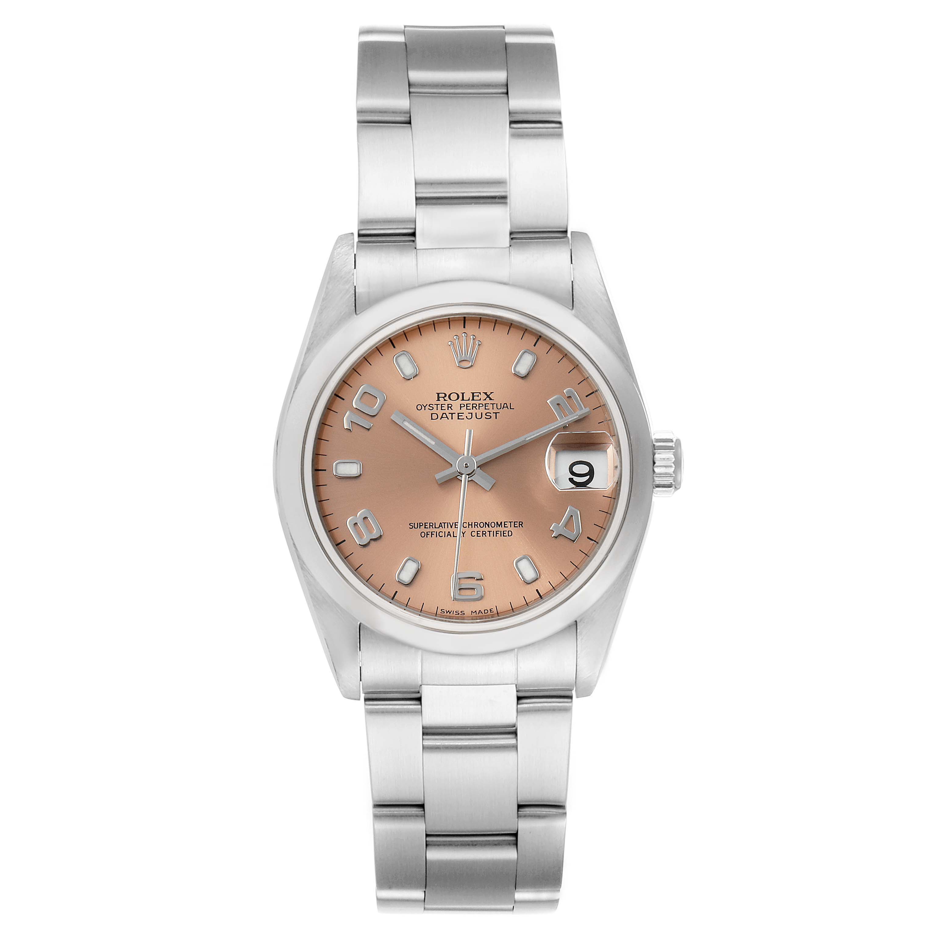 This image shows a front view of a Rolex Mid-Size 78240 Women's Stainless Steel Pink Dial 78240 Women's Stainless Steel Pink Dial Oyster Perpetual Datejust watch with a rose dial and stainless steel bracelet.