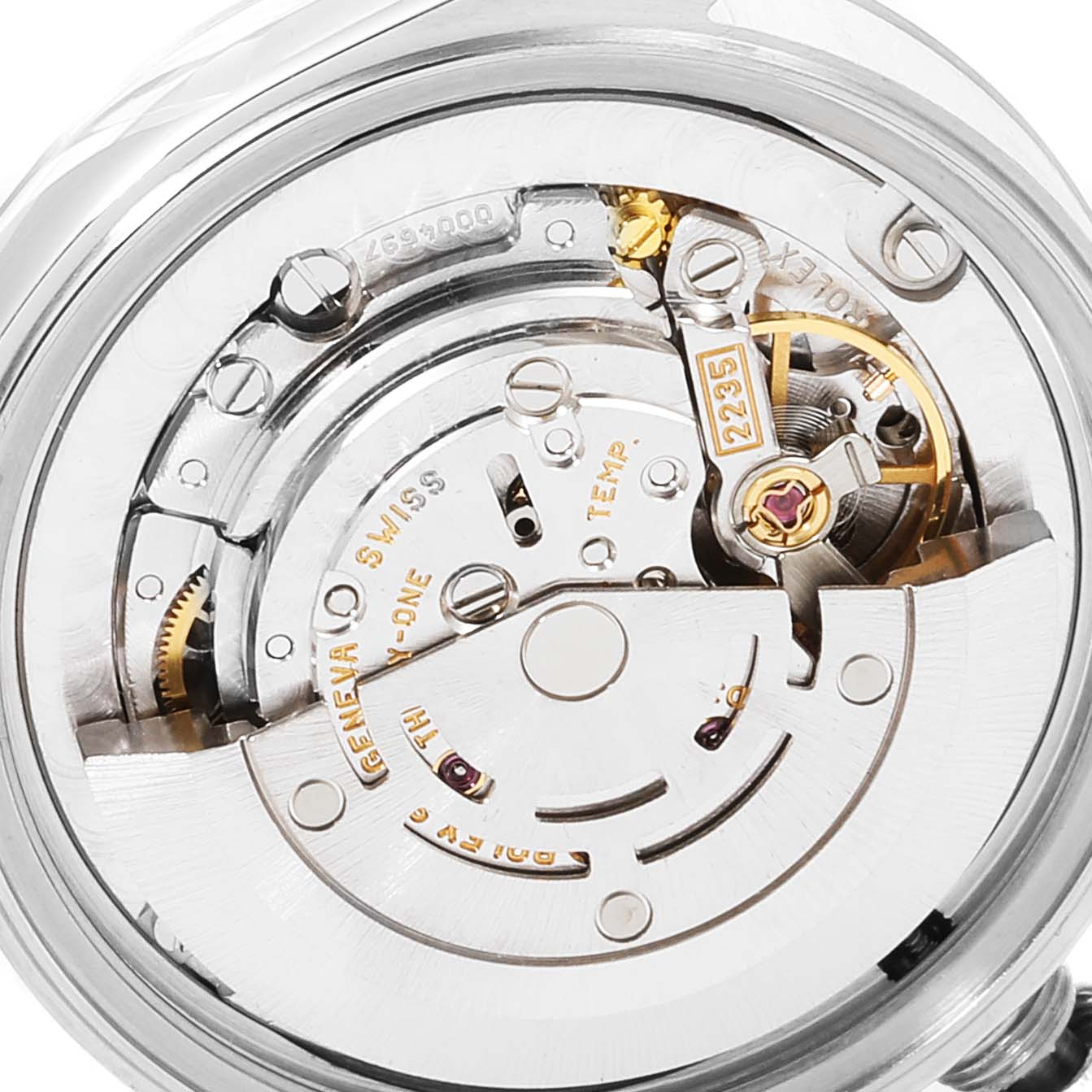 The image shows a close-up view of the internal mechanism of a Mid-Size Rolex watch, focusing on the intricate components.