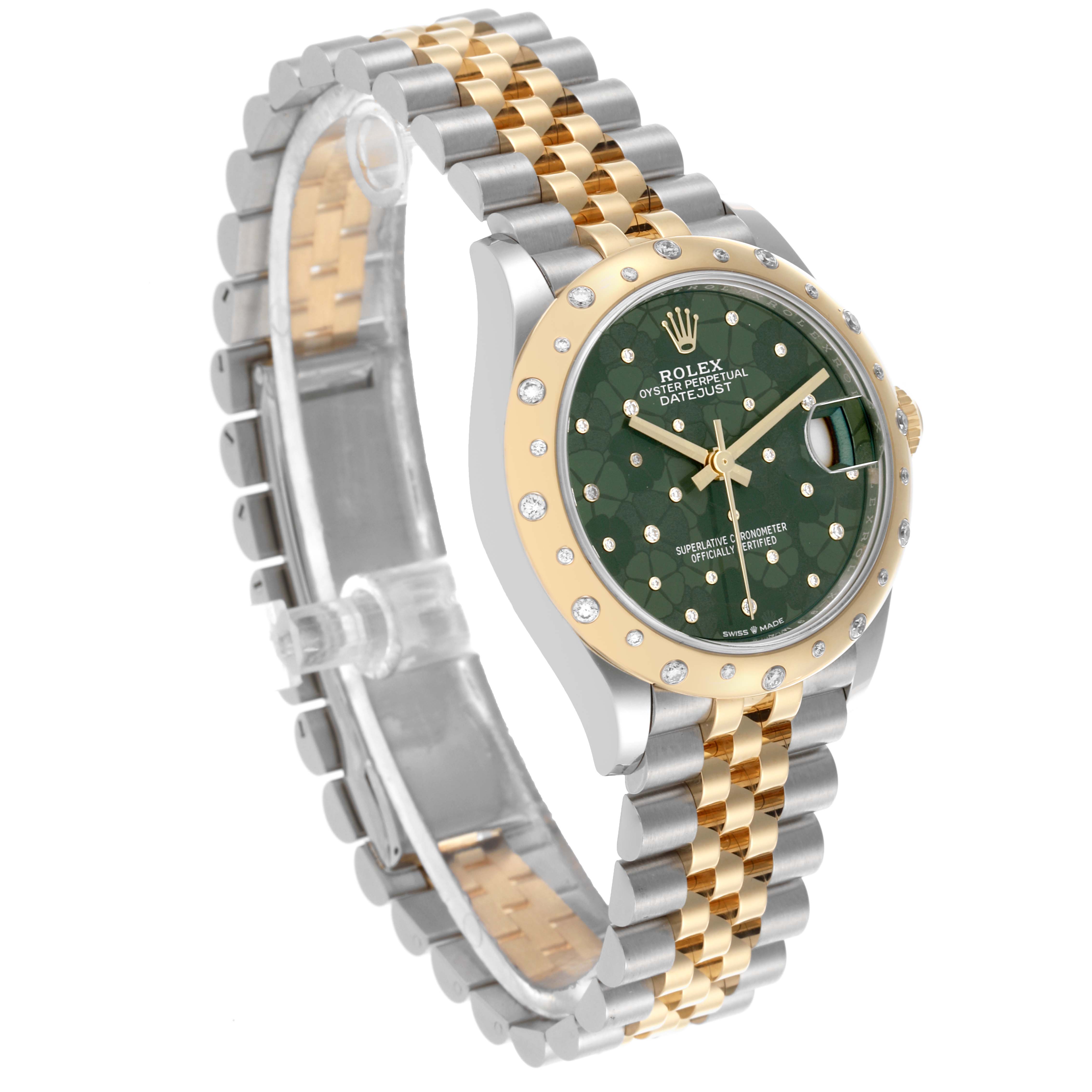 The Rolex Datejust Mid-Size watch is shown from a three-quarter view, highlighting the green dial, diamond bezel, and two-tone bracelet.