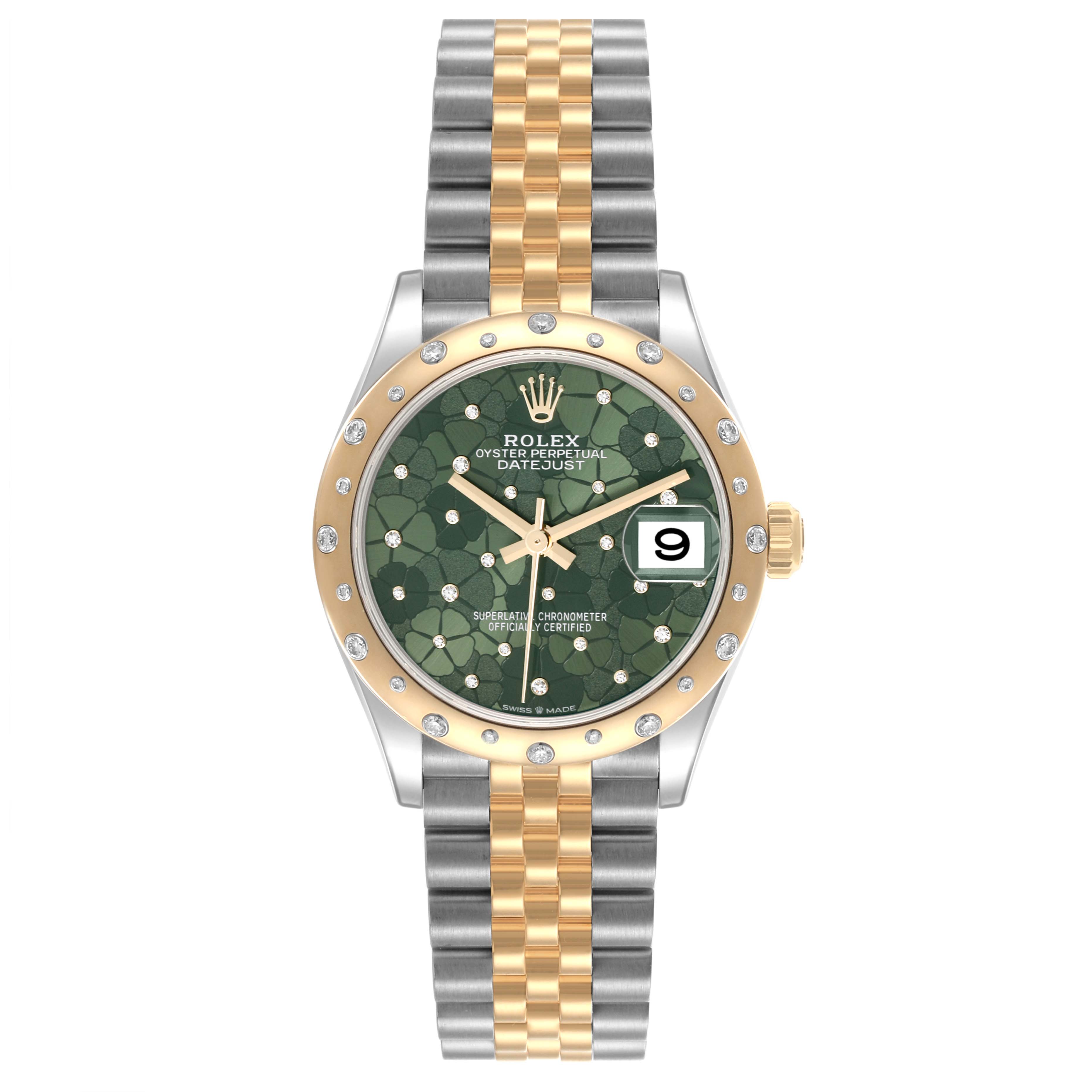 The Rolex Mid-Size 278343RBR-0032 Women's Steel and Gold (two tone) Green Dial 278343RBR-0032 Women's Steel and Gold (two tone) Green Dial watch is shown from a front angle, highlighting its green dial, date window, and two-tone bracelet.