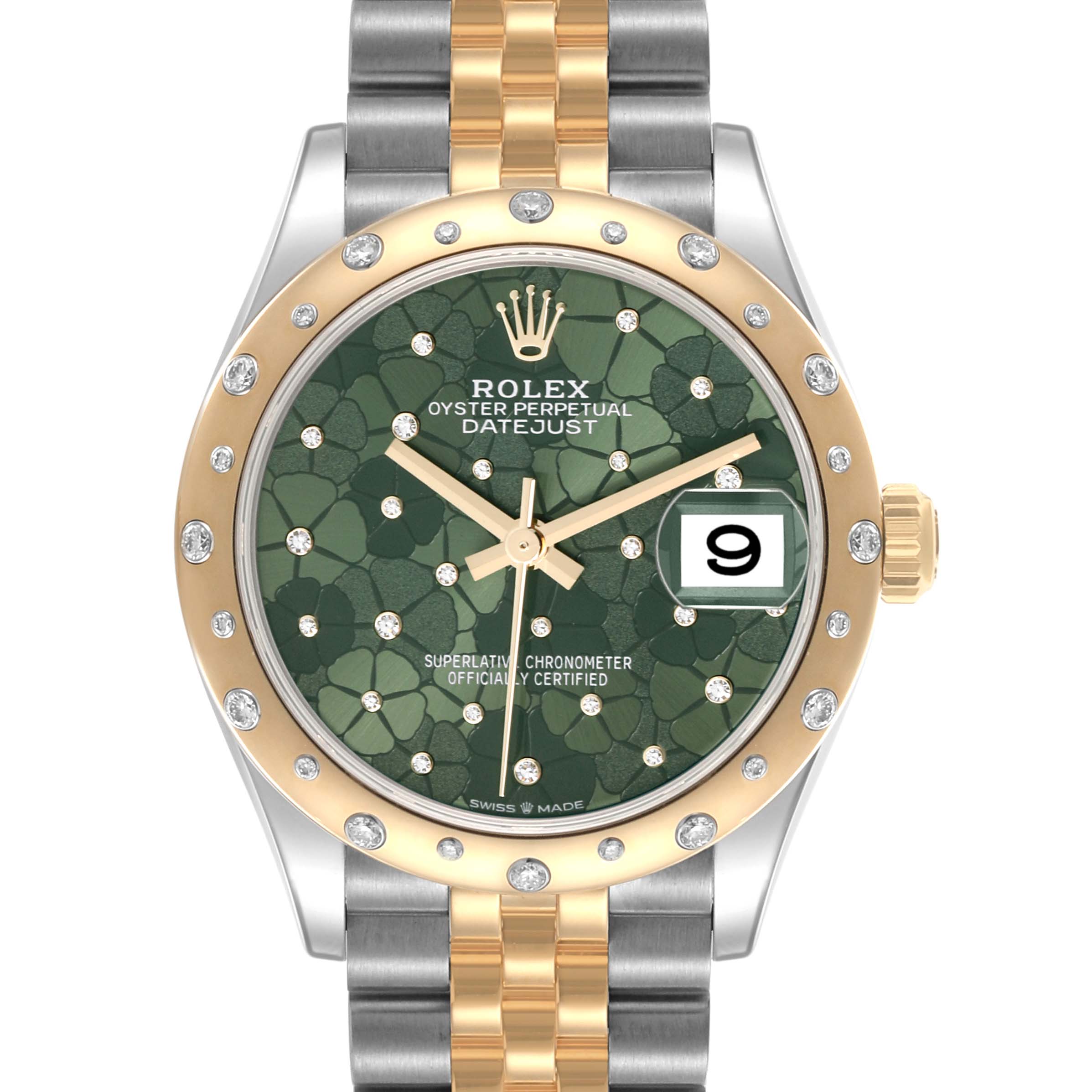 The Rolex Mid-Size 278343RBR-0032 Women's Steel and Gold (two tone) Green Dial 278343RBR-0032 Women's Steel and Gold (two tone) Green Dial model is shown from the front, displaying the bezel, dial, and bracelet in a two-tone finish.