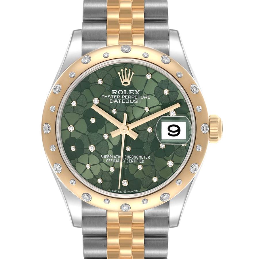 The Rolex Mid-Size model is shown from the front, displaying the bezel, dial, and bracelet in a two-tone finish.