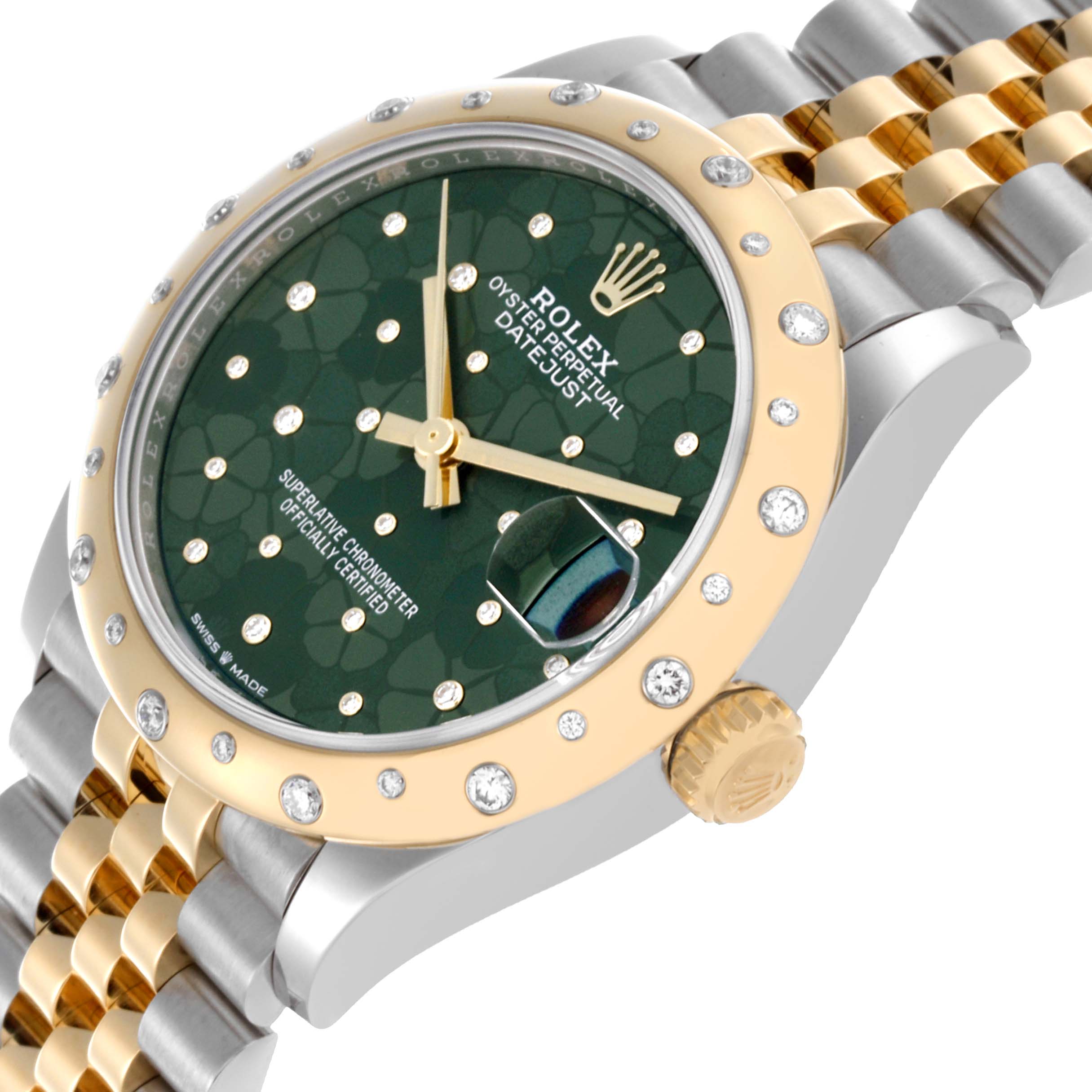 The Rolex watch is shown at an angled side view, displaying the bezel, crown, dial, and part of the bracelet.