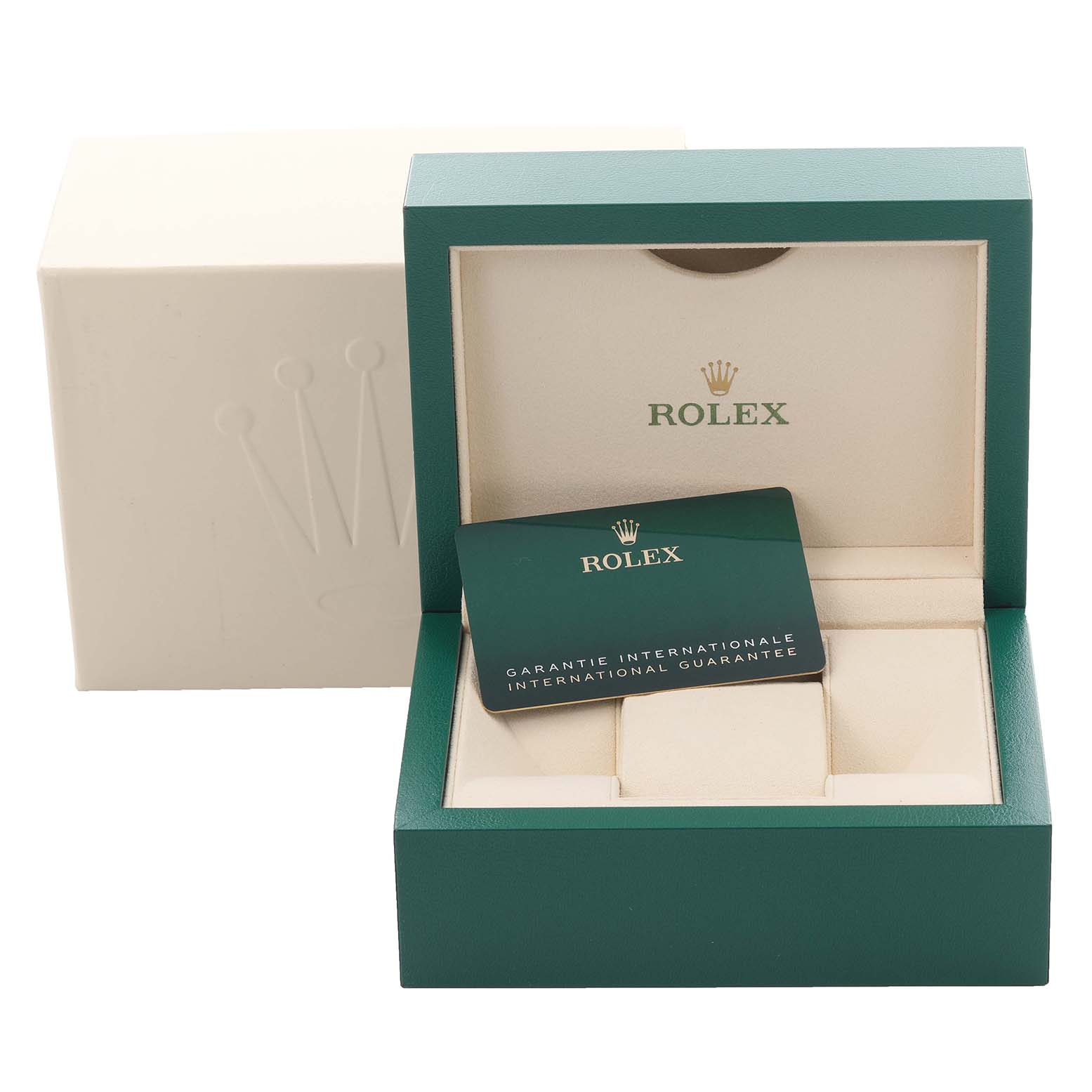 The image shows a Rolex Mid-Size 278343RBR-0032 Women's Steel and Gold (two tone) Green Dial 278343RBR-0032 Women's Steel and Gold (two tone) Green Dial model box and international guarantee card, with the box open at a front angle.