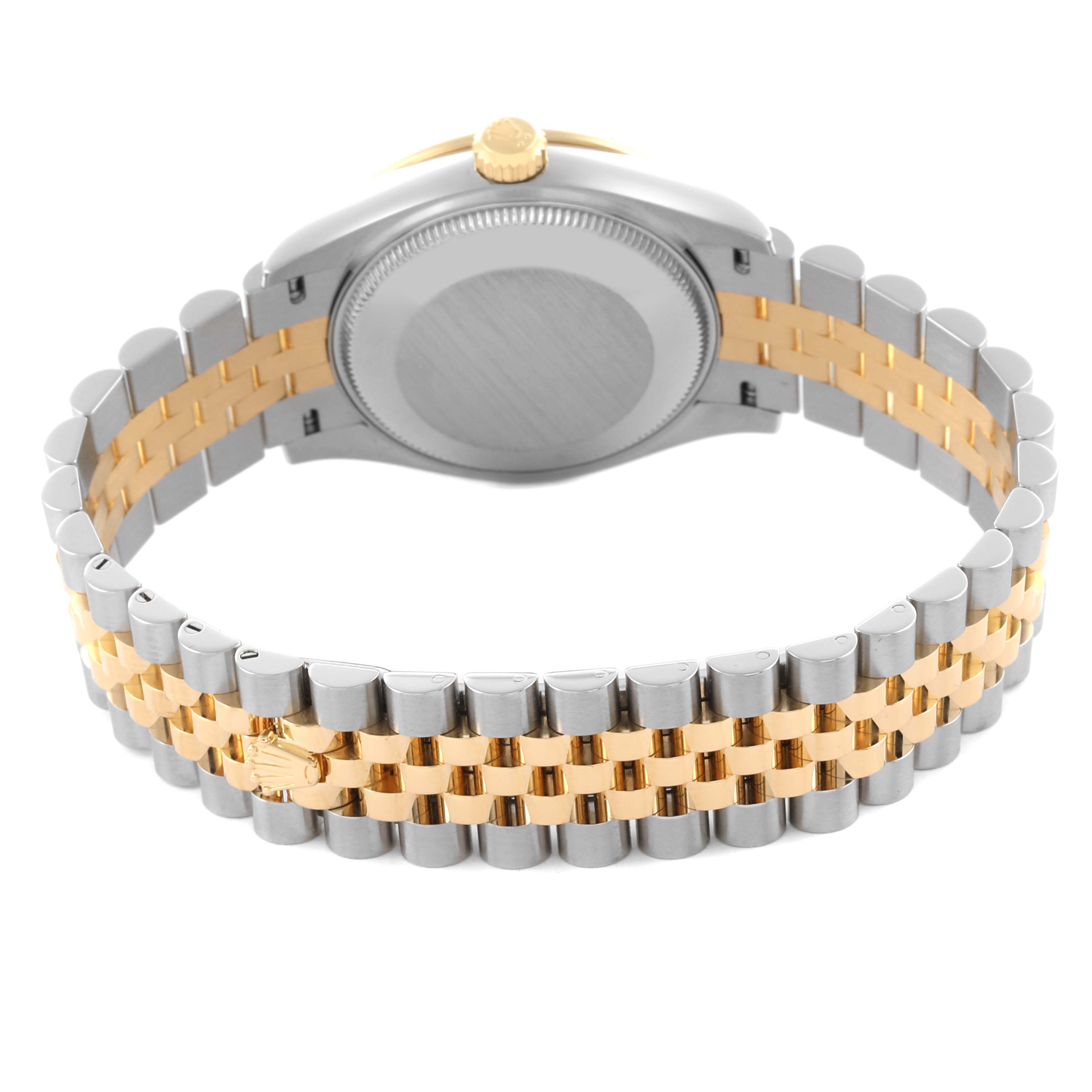 The Rolex Mid-Size 278343RBR-0032 Women's Steel and Gold (two tone) Green Dial 278343RBR-0032 Women's Steel and Gold (two tone) Green Dial watch is shown from the back, highlighting the case back and Jubilee bracelet.