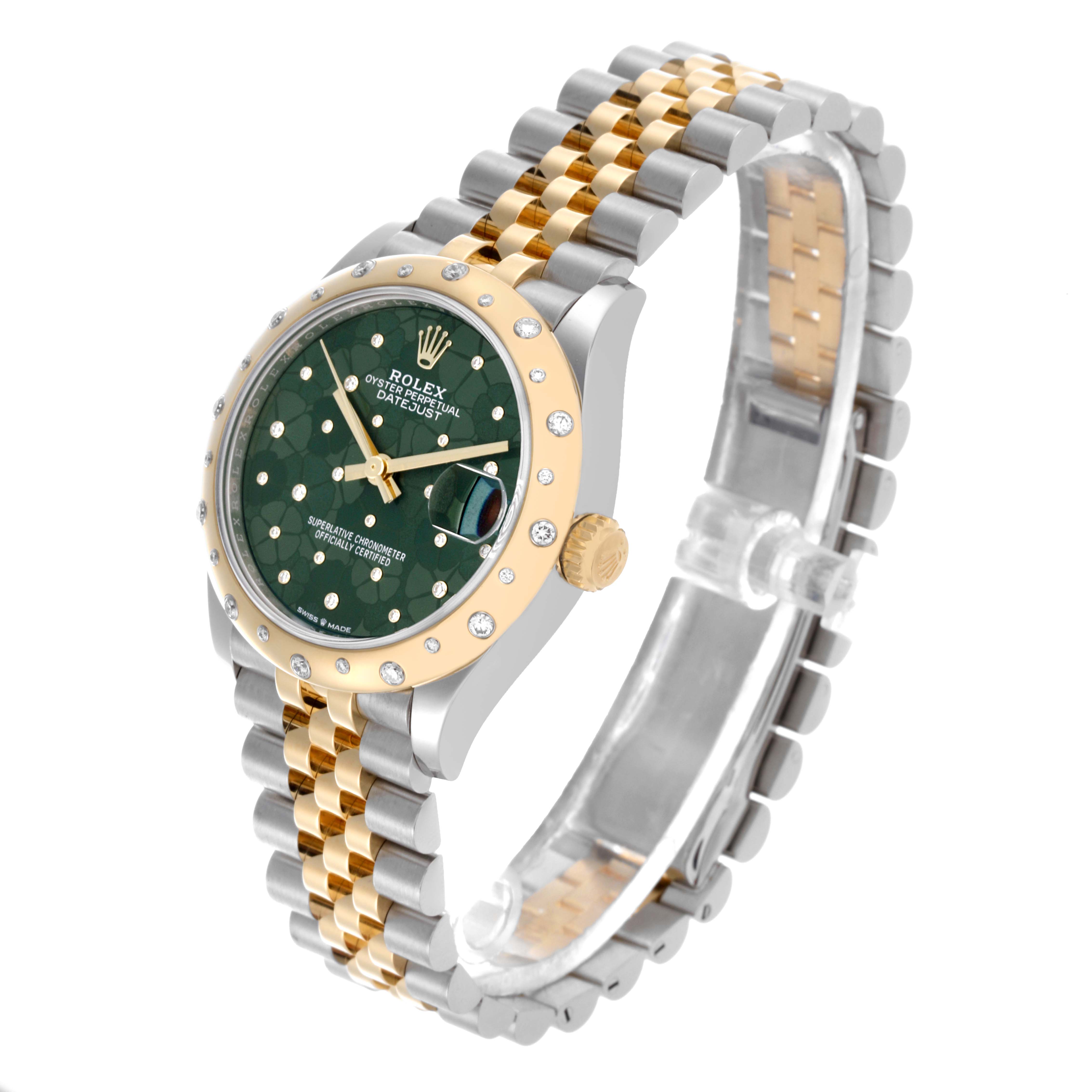 The Rolex Mid-Size 278343RBR-0032 Women's Steel and Gold (two tone) Green Dial 278343RBR-0032 Women's Steel and Gold (two tone) Green Dial watch is shown in a side angle, displaying the face, bezel, and two-tone Jubilee bracelet.