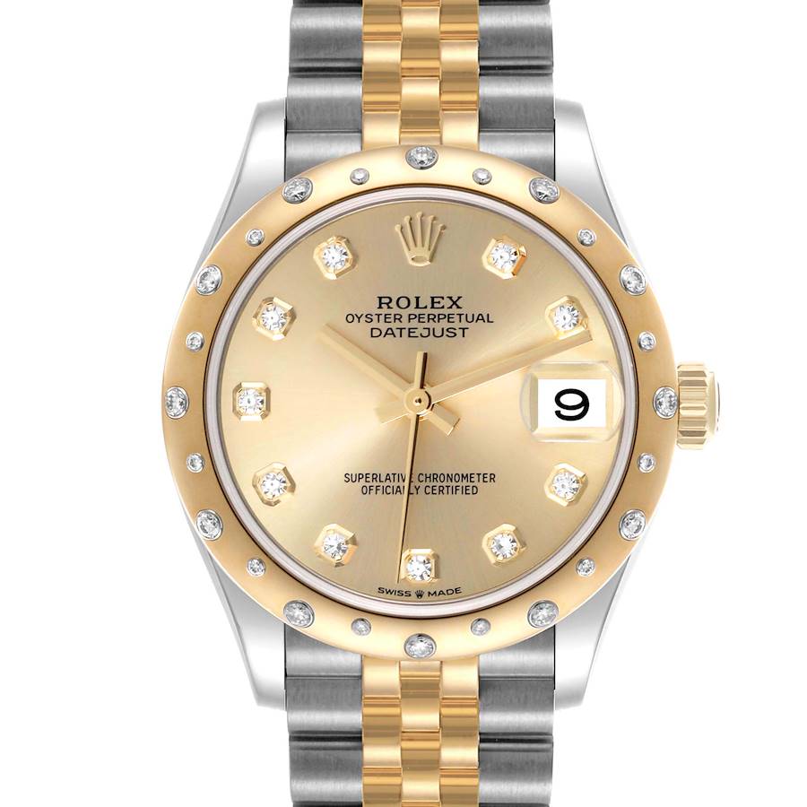 The Rolex Datejust watch is shown from a front angle, featuring a gold dial, diamond hour markers, a gold bezel, and a two-tone bracelet.