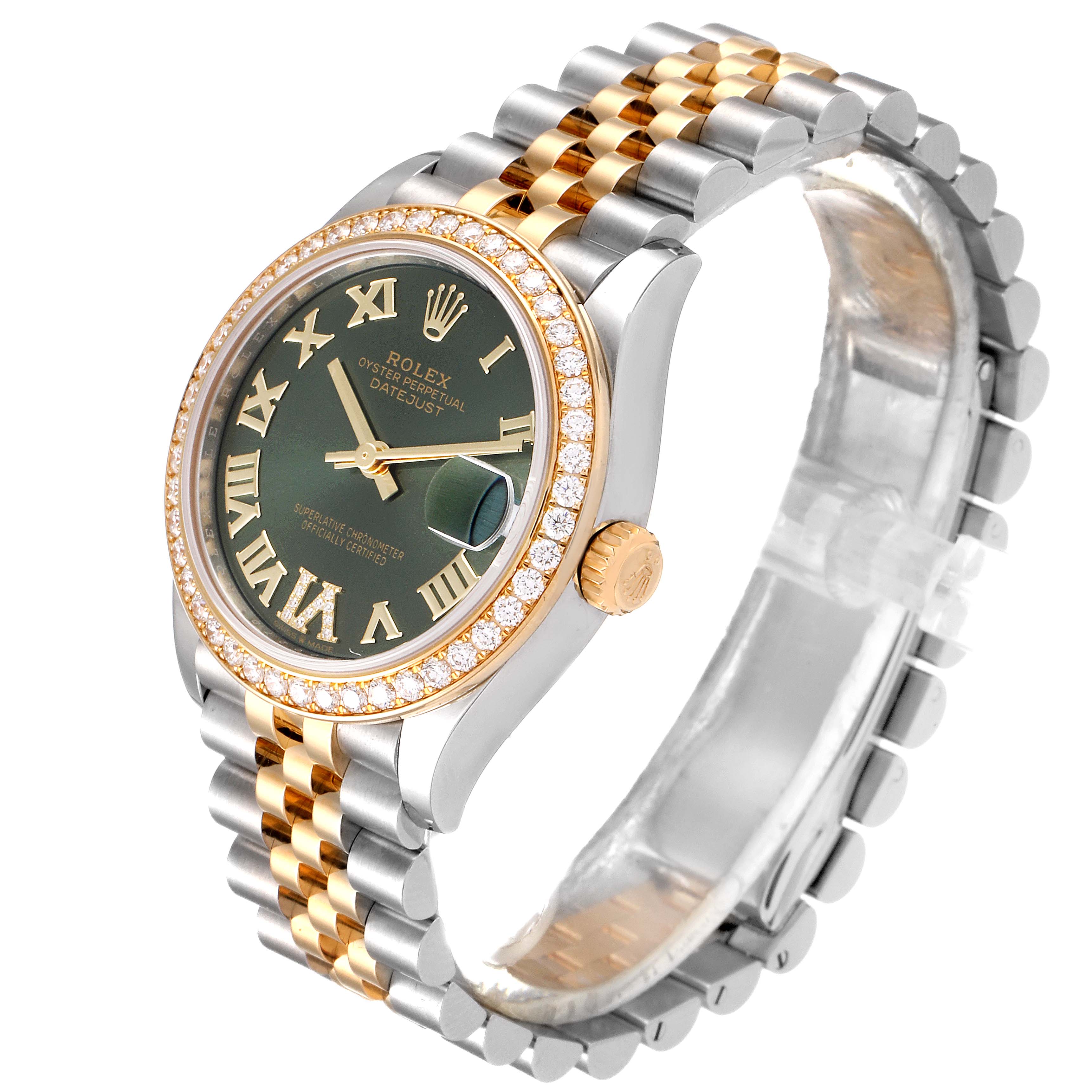 This image shows a Rolex Mid-Size 278383 Women's Steel and Gold (two tone) Green Dial 278383 Women's Steel and Gold (two tone) Green Dial model from an angled perspective, highlighting the green dial, gold accents, and two-tone bracelet.