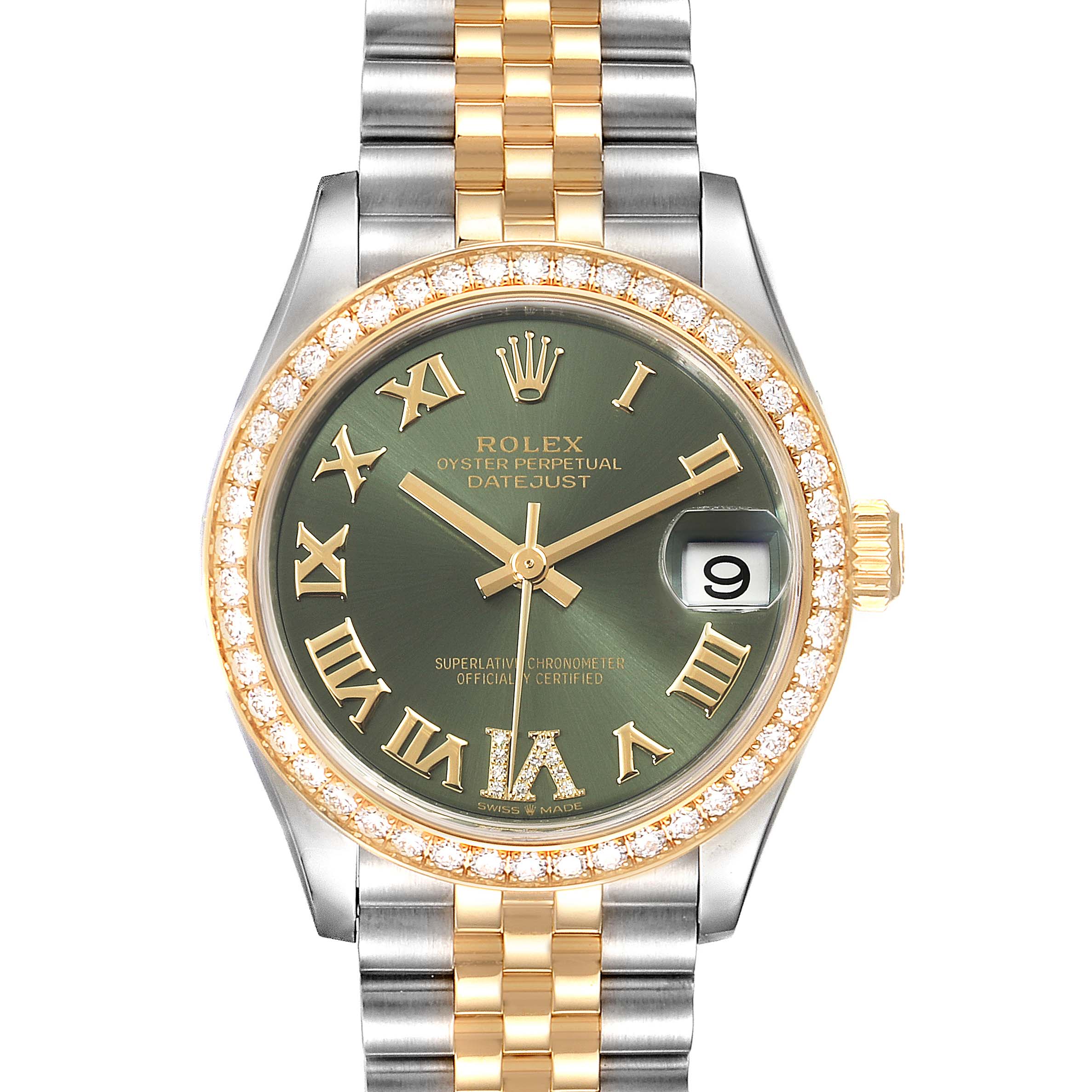 The image shows a front view of a Rolex Datejust Mid-Size watch, featuring a green dial, Roman numeral markers, a two-tone bracelet, and a diamond bezel.