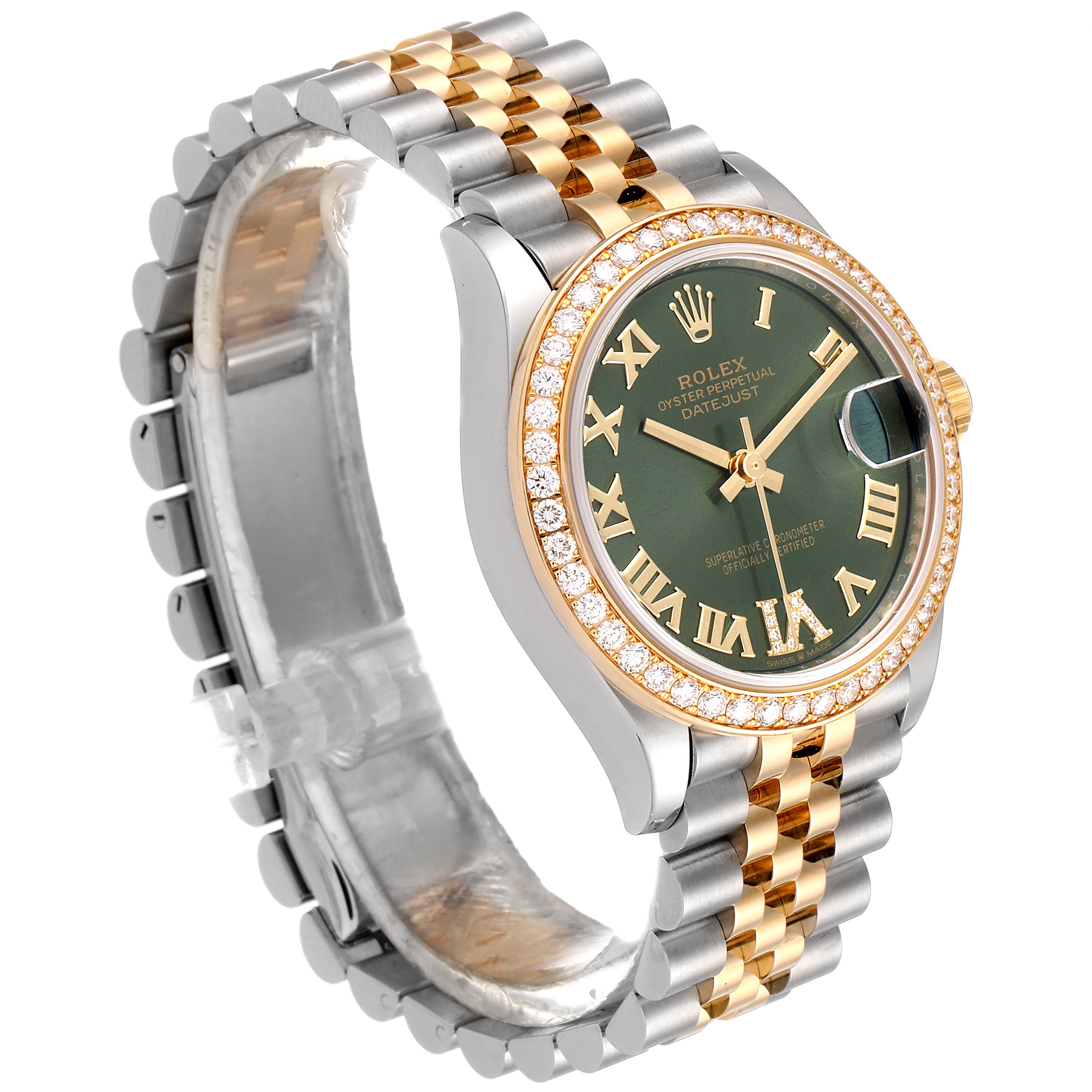 The image shows a mid-size Rolex Datejust watch from an angled side view, highlighting its green dial, diamond bezel, and two-tone bracelet.