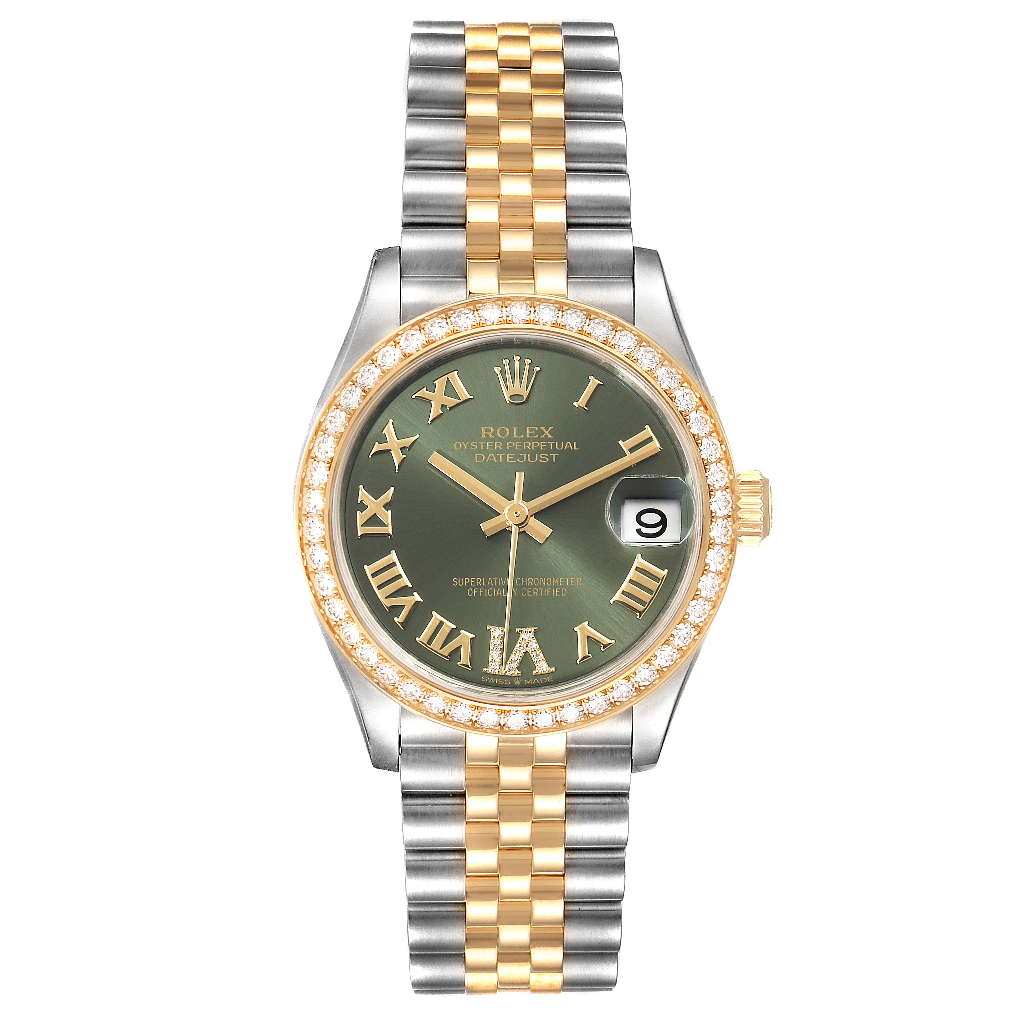 This image shows a front view of a Rolex Mid-Size 278383 Women's Steel and Gold (two tone) Green Dial 278383 Women's Steel and Gold (two tone) Green Dial Datejust watch, featuring a two-tone bracelet, green dial, and diamond bezel.