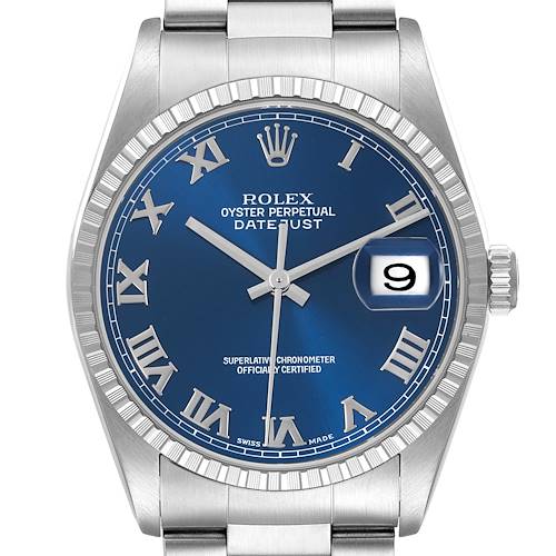 The image shows a frontal view of the Rolex Datejust, highlighting the blue dial, fluted bezel, and Roman numerals.