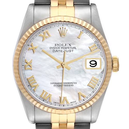 The image shows a frontal view of the Rolex Datejust watch, highlighting its dial, bezel, and part of the bracelet.