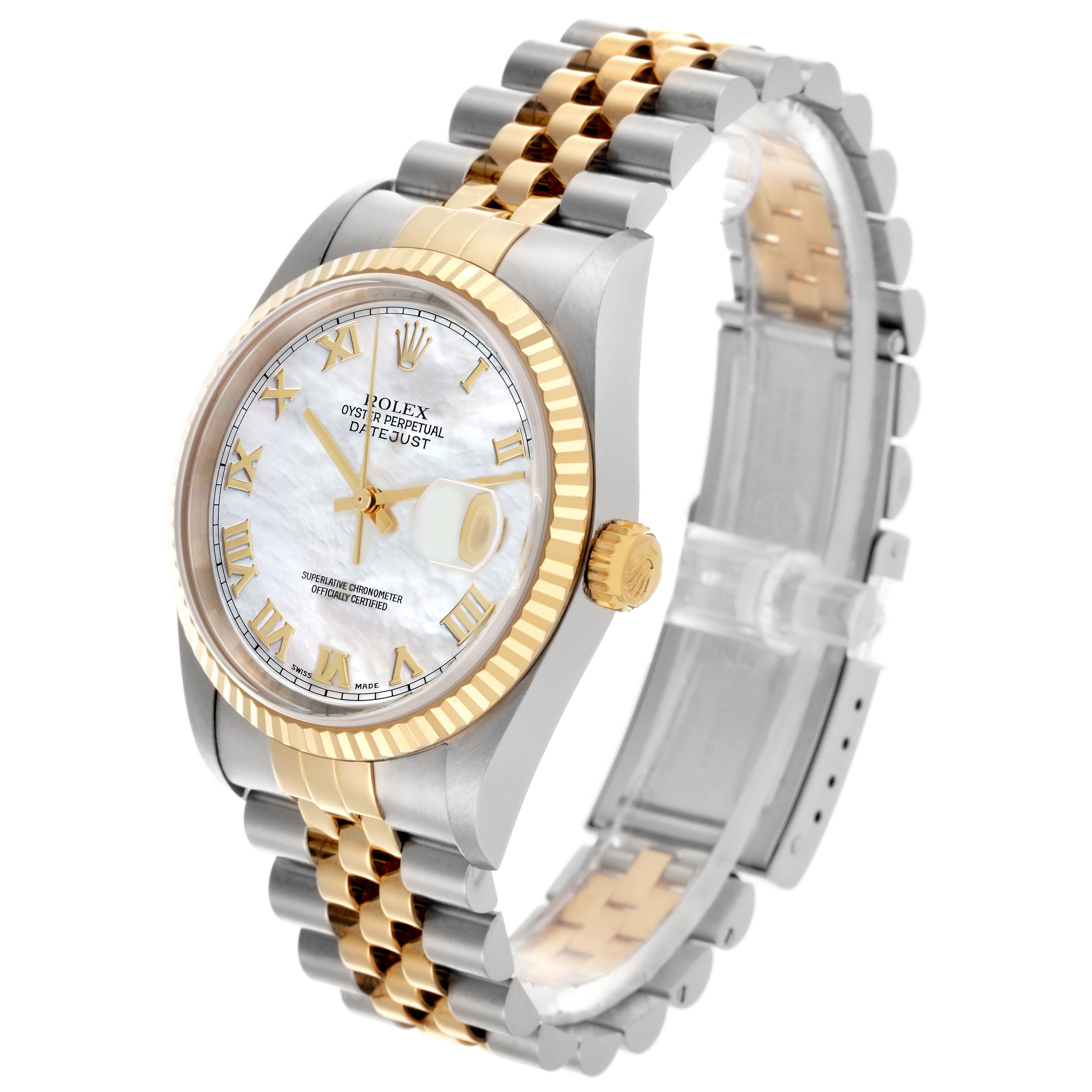 The Rolex Datejust 16233 Men's Steel and Gold (two tone) Mother of Pearl Dial 16233 Men's Steel and Gold (two tone) Mother of Pearl Dial watch is shown at an angle highlighting its face, bezel, crown, and two-tone bracelet.