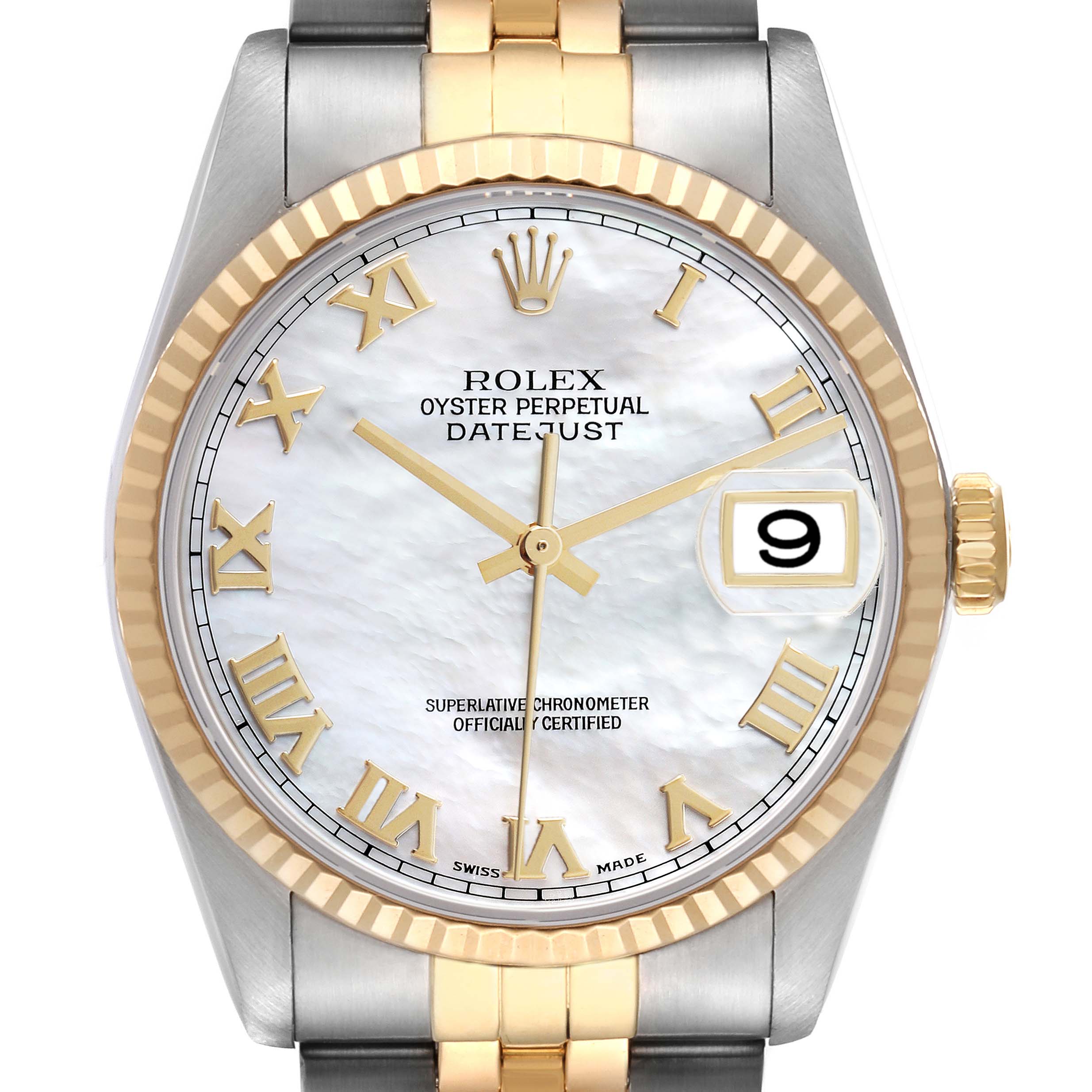 The Rolex Datejust 16233 Men's Steel and Gold (two tone) Mother of Pearl Dial 16233 Men's Steel and Gold (two tone) Mother of Pearl Dial watch is shown from the front, displaying the dial, bezel, crown, and part of the bracelet.