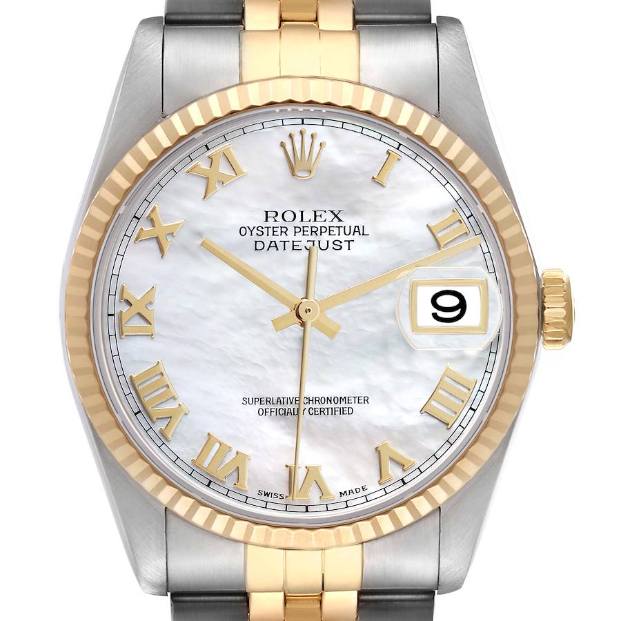 The Rolex Datejust watch is shown from the front, displaying the dial, bezel, crown, and part of the bracelet.