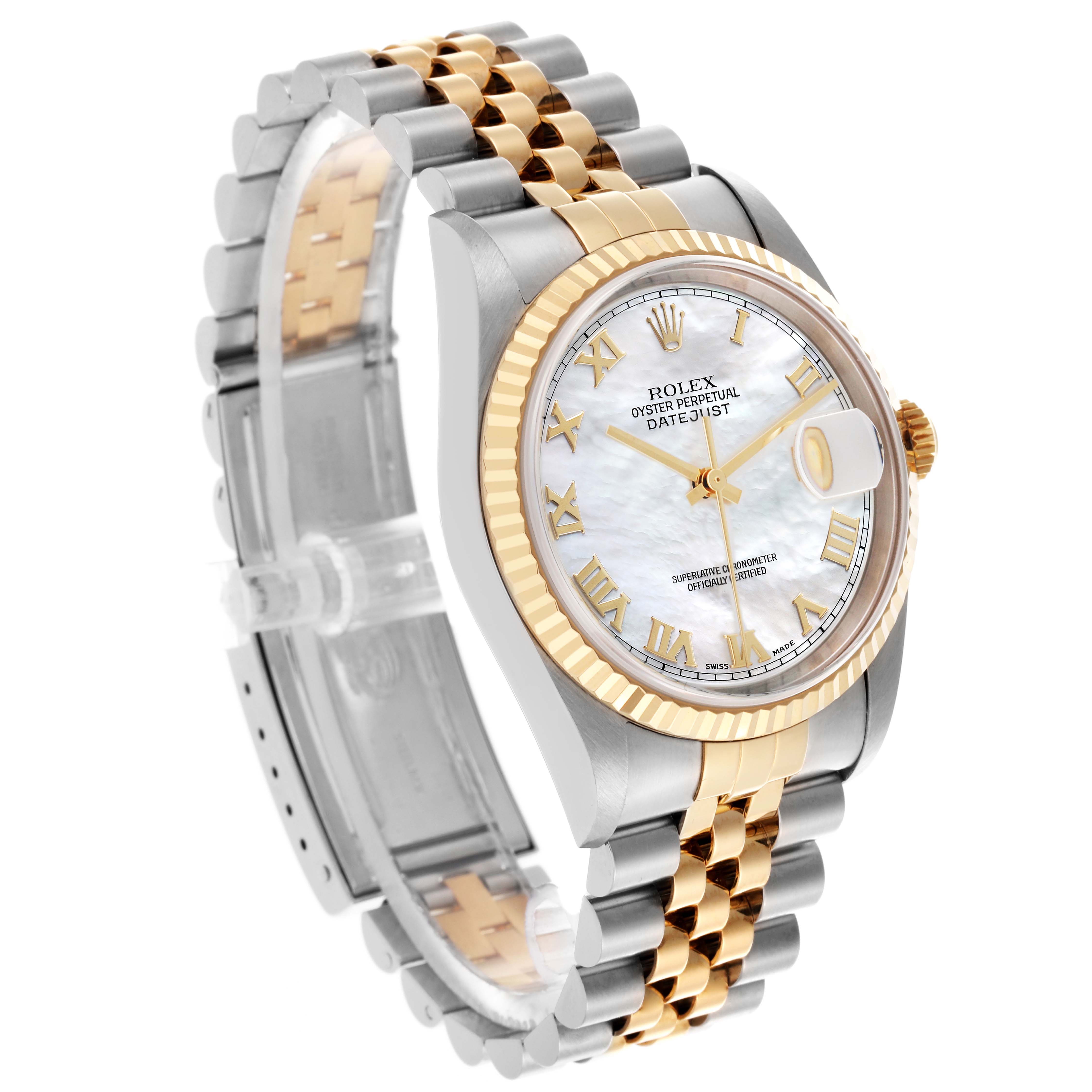 The Rolex Datejust 16233 Men's Steel and Gold (two tone) Mother of Pearl Dial 16233 Men's Steel and Gold (two tone) Mother of Pearl Dial watch is shown at a side angle, highlighting the dial, bezel, and Jubilee bracelet.