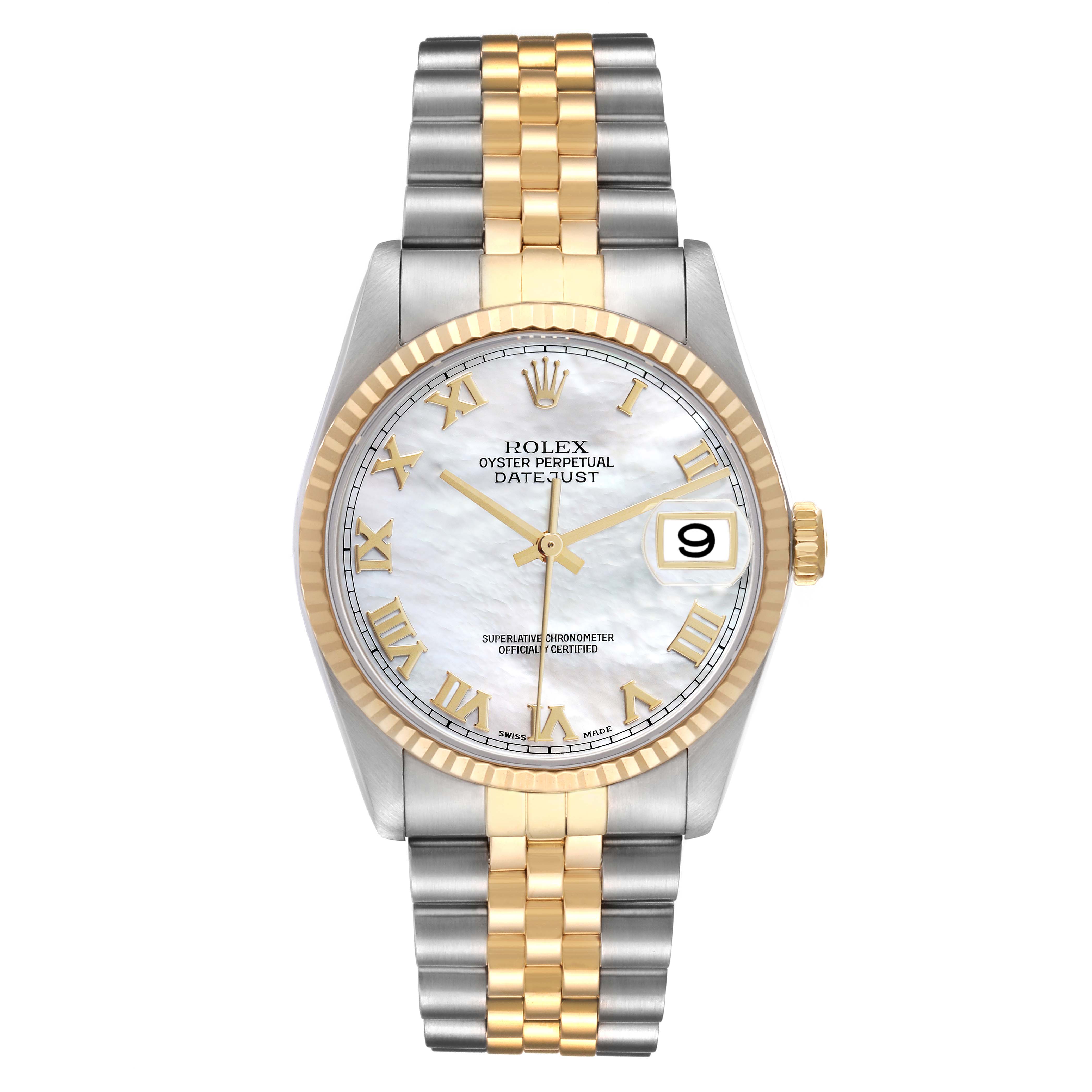 This image shows a frontal view of the Rolex Datejust 16233 Men's Steel and Gold (two tone) Mother of Pearl Dial 16233 Men's Steel and Gold (two tone) Mother of Pearl Dial, highlighting its two-tone bracelet, fluted bezel, and date window.