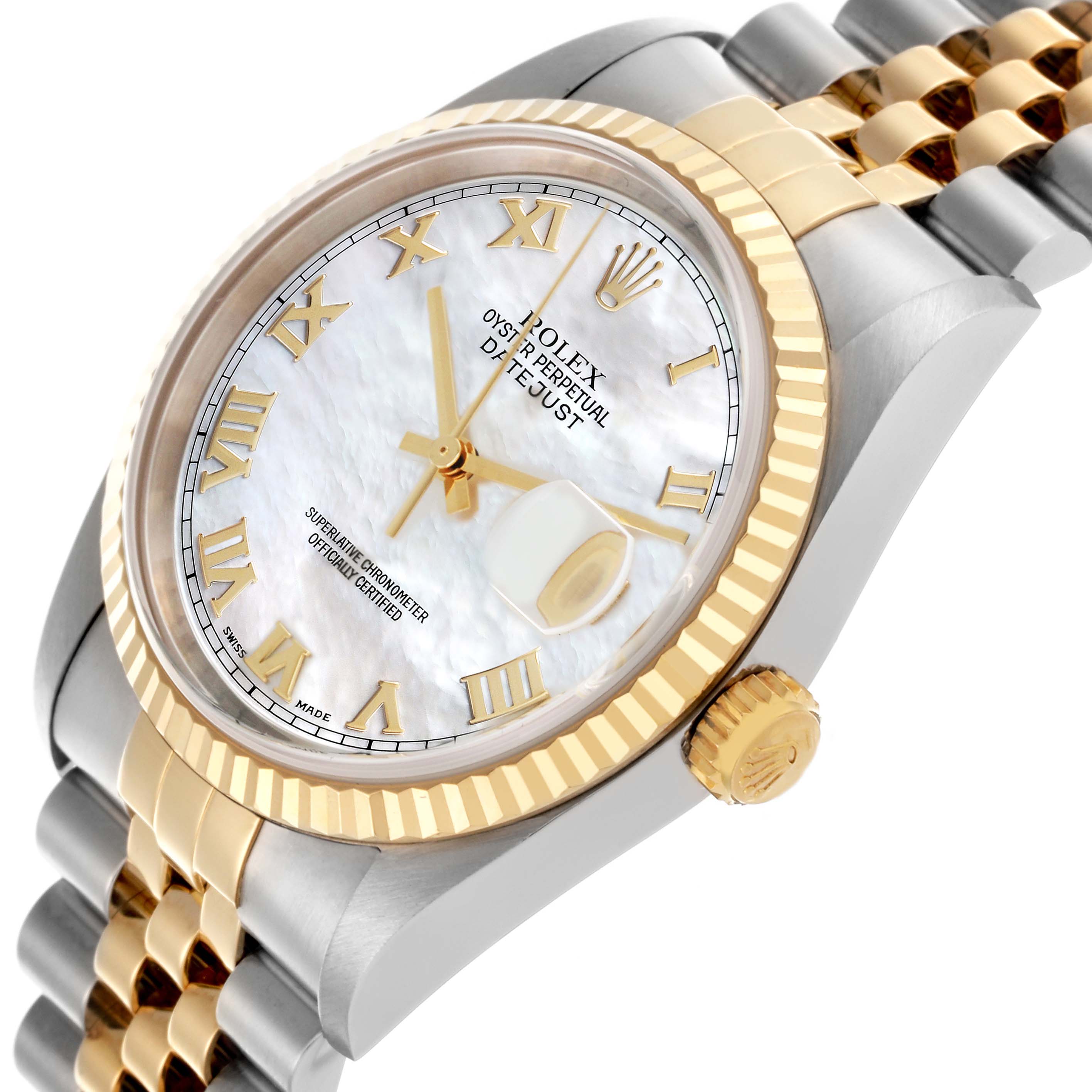 This Rolex Datejust 16233 Men's Steel and Gold (two tone) Mother of Pearl Dial 16233 Men's Steel and Gold (two tone) Mother of Pearl Dial watch is shown at a side angle, highlighting the dial, bezel, crown, and part of the bracelet.