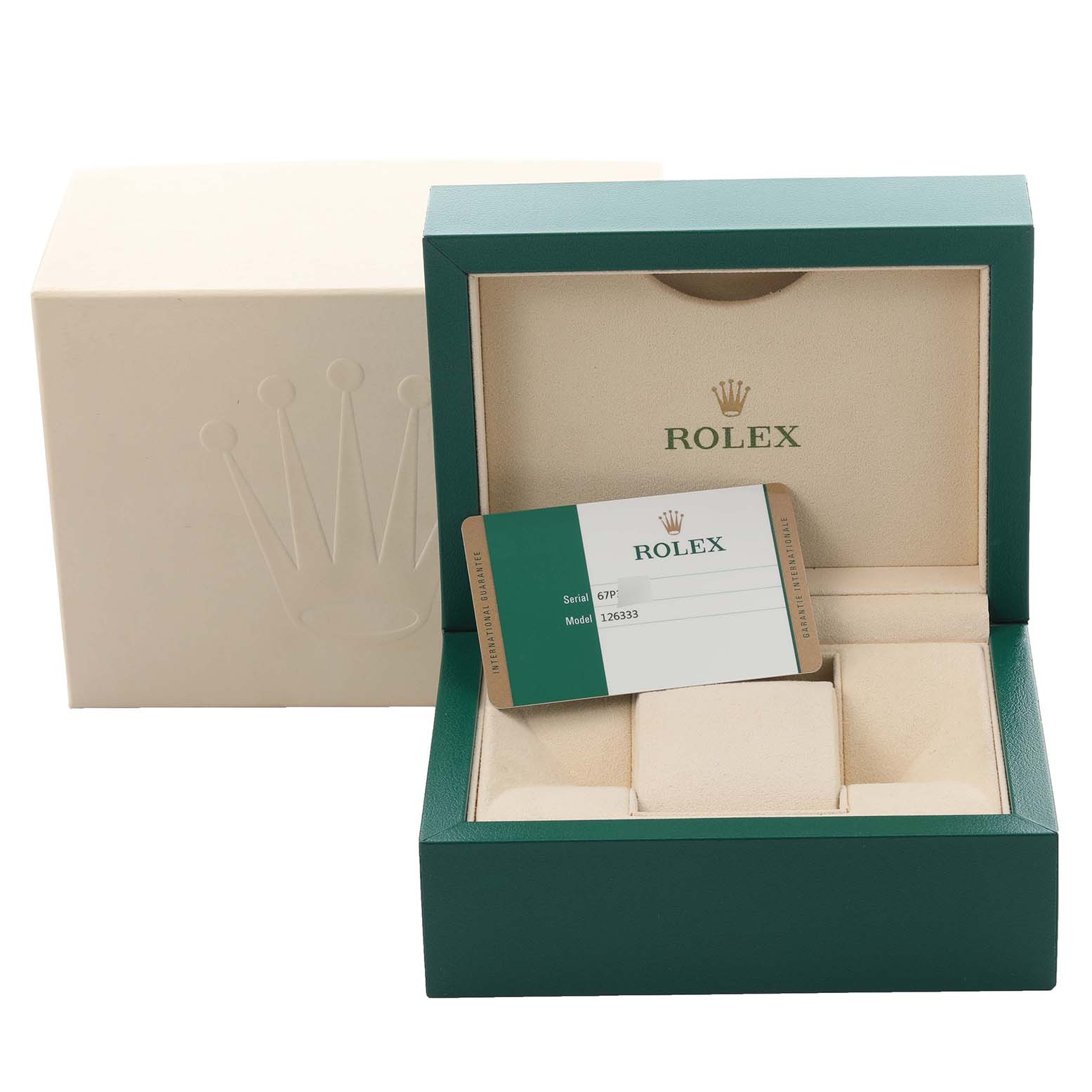 The image shows a Rolex Datejust 41 126333 Men's Steel and Gold (two tone) Black Dial 126333 Men's Steel and Gold (two tone) Black Dial watch box, with an open display revealing the warranty card inside.