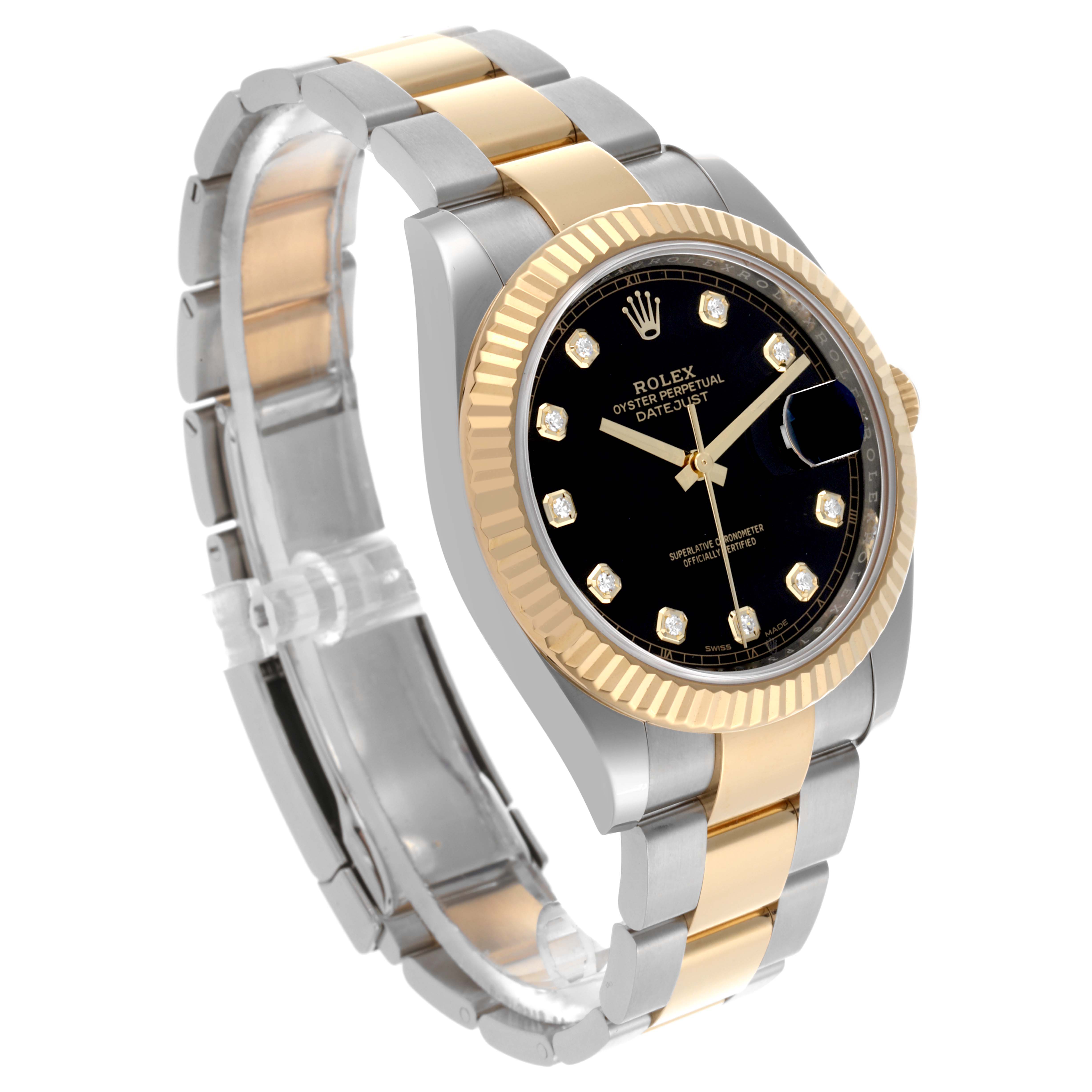 The Rolex Datejust 41 126333 Men's Steel and Gold (two tone) Black Dial 126333 Men's Steel and Gold (two tone) Black Dial is shown at a three-quarter angle, highlighting its bezel, dial, bracelet, and crown.