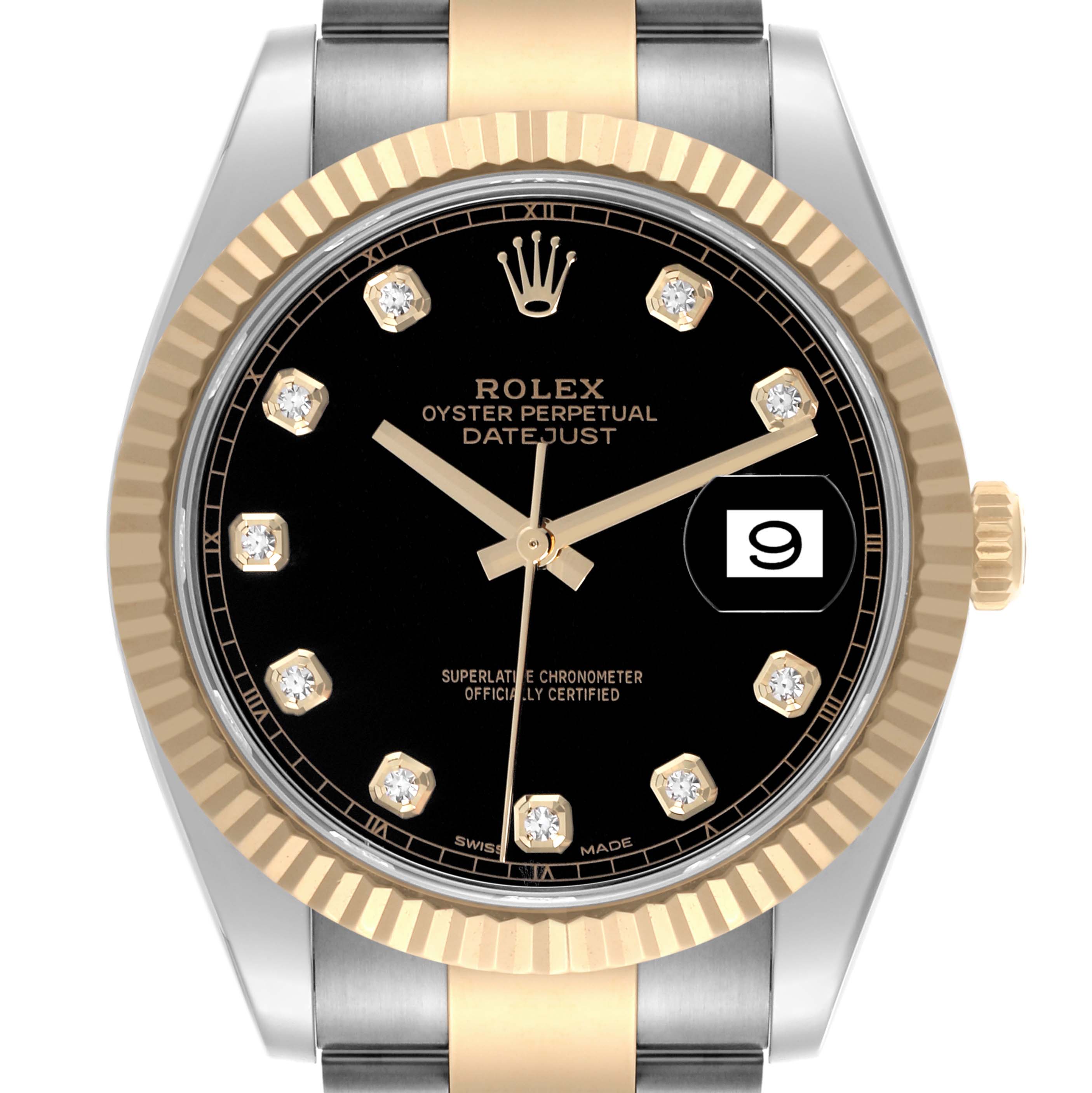 The image shows a Rolex Datejust 41 126333 Men's Steel and Gold (two tone) Black Dial 126333 Men's Steel and Gold (two tone) Black Dial watch from a frontal angle, highlighting the dial, fluted bezel, and bracelet.
