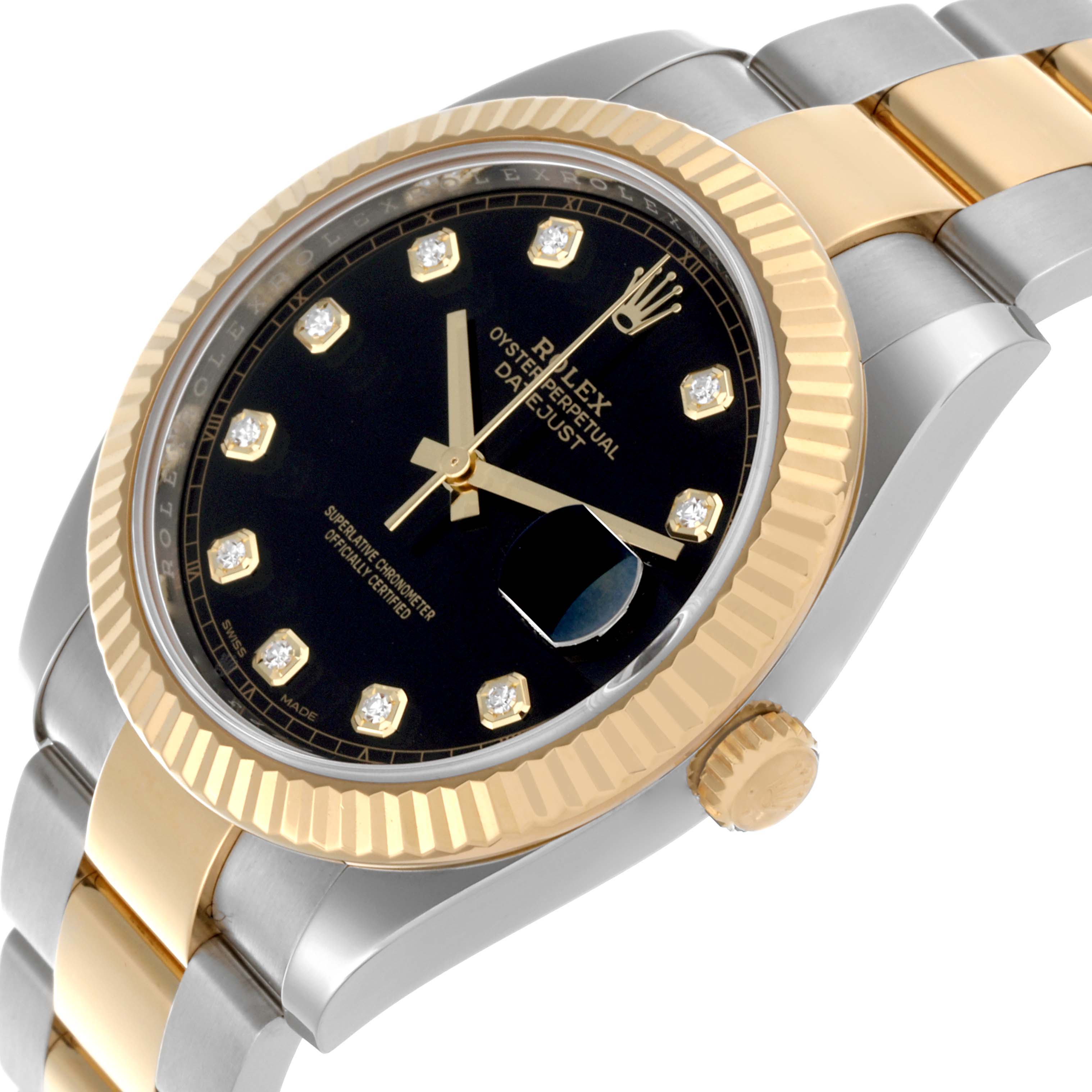 The Rolex Datejust 41 126333 Men's Steel and Gold (two tone) Black Dial 126333 Men's Steel and Gold (two tone) Black Dial watch is shown at an angled view, highlighting its two-tone bracelet, fluted bezel, and black dial.