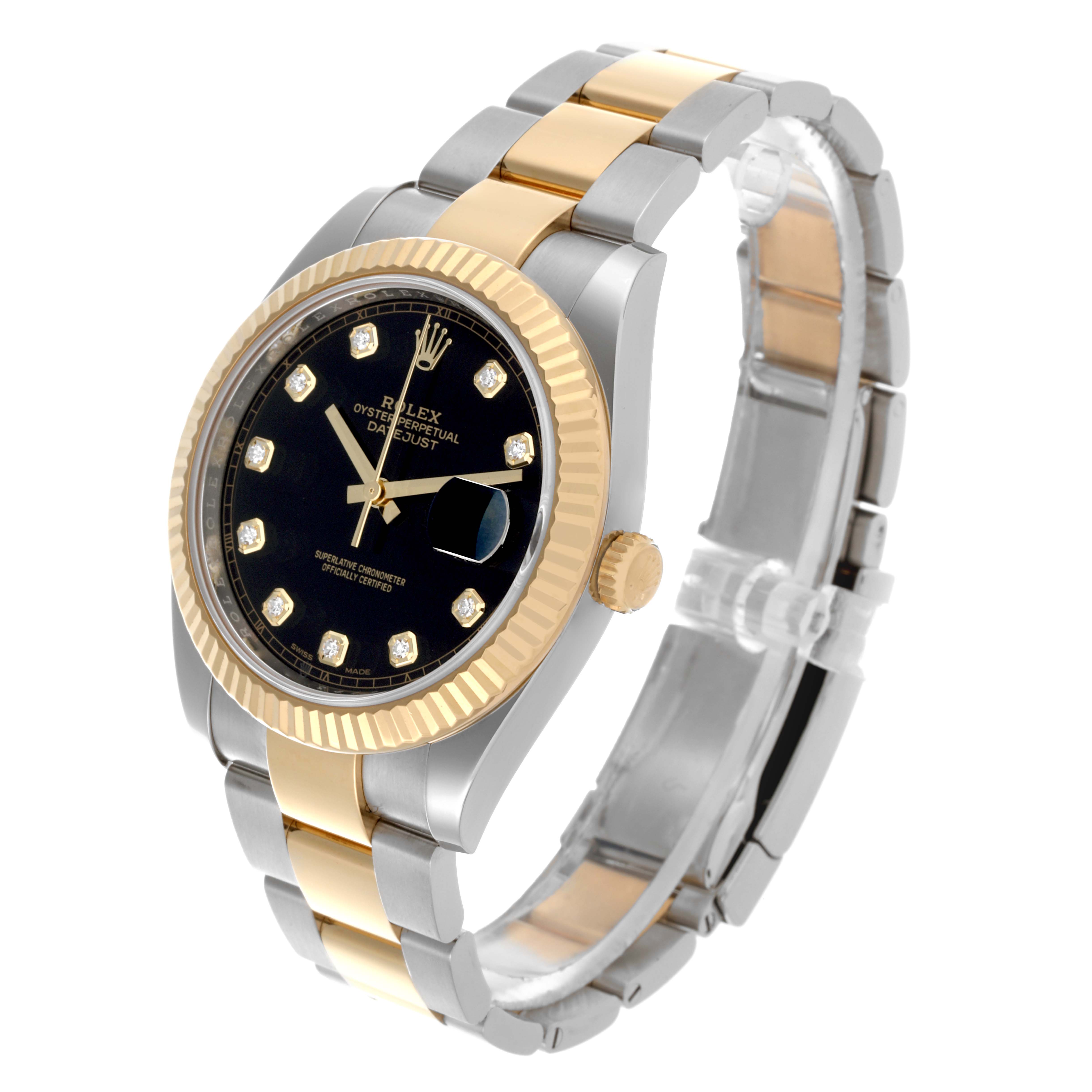 The Rolex Datejust 41 126333 Men's Steel and Gold (two tone) Black Dial 126333 Men's Steel and Gold (two tone) Black Dial watch is shown at an oblique angle, highlighting the gold bezel, black dial, and two-tone bracelet.