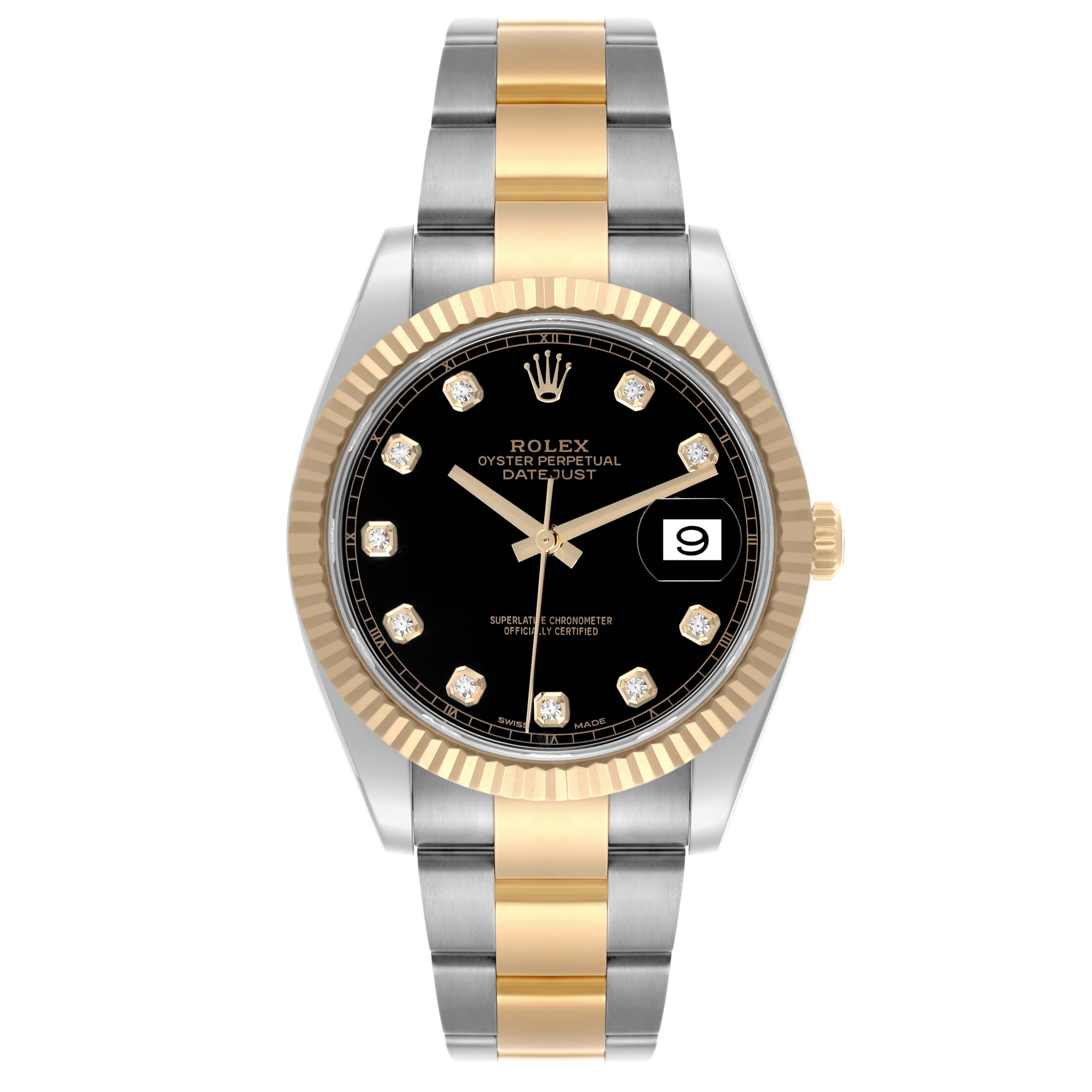 The Rolex Datejust 41 126333 Men's Steel and Gold (two tone) Black Dial 126333 Men's Steel and Gold (two tone) Black Dial watch is shown from a front angle, displaying the dial, bezel, and bracelet.