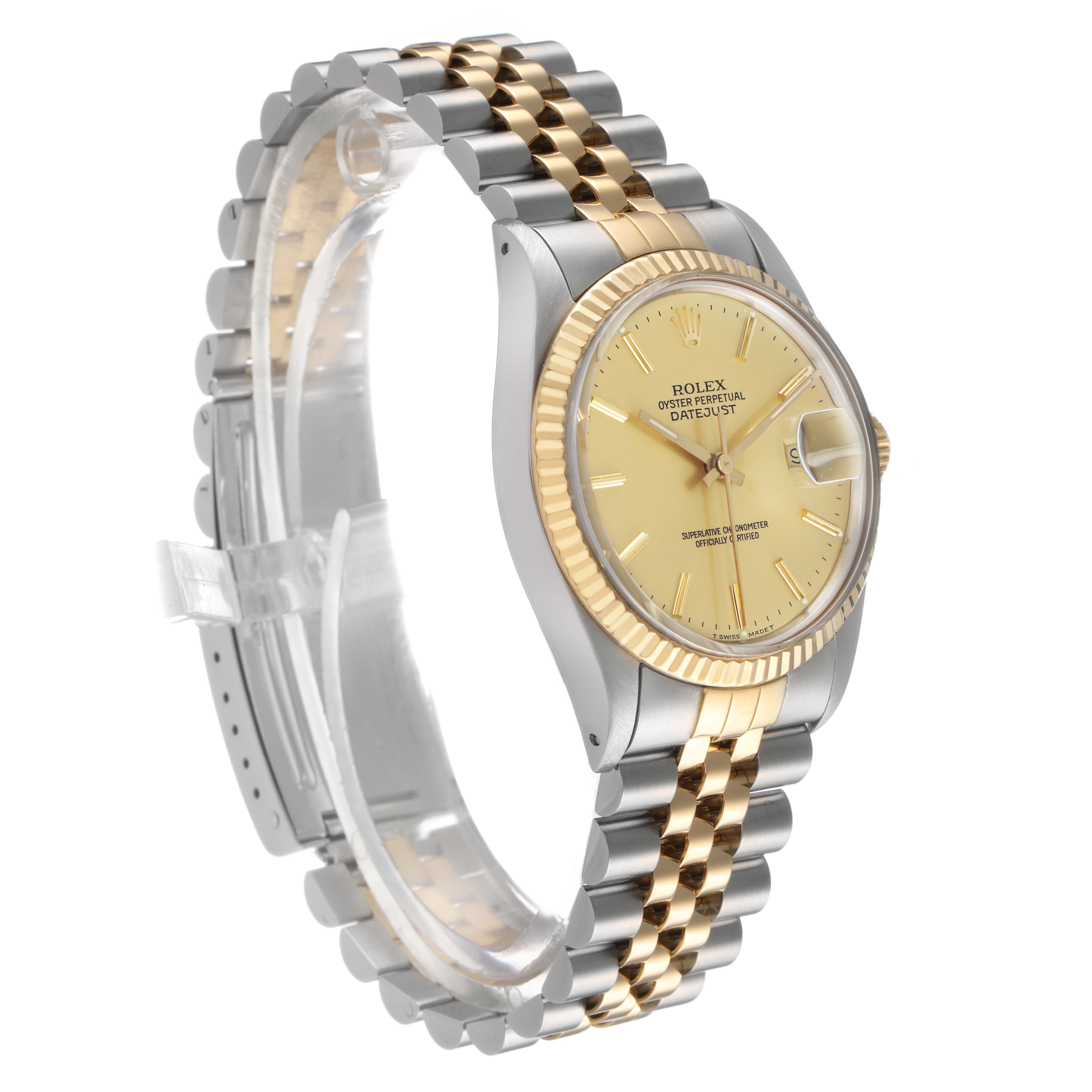 The Rolex Datejust 16013 Men's Stainless Steel Champagne Dial watch is shown at a three-quarter angle, displaying the face, fluted bezel, and two-tone bracelet.