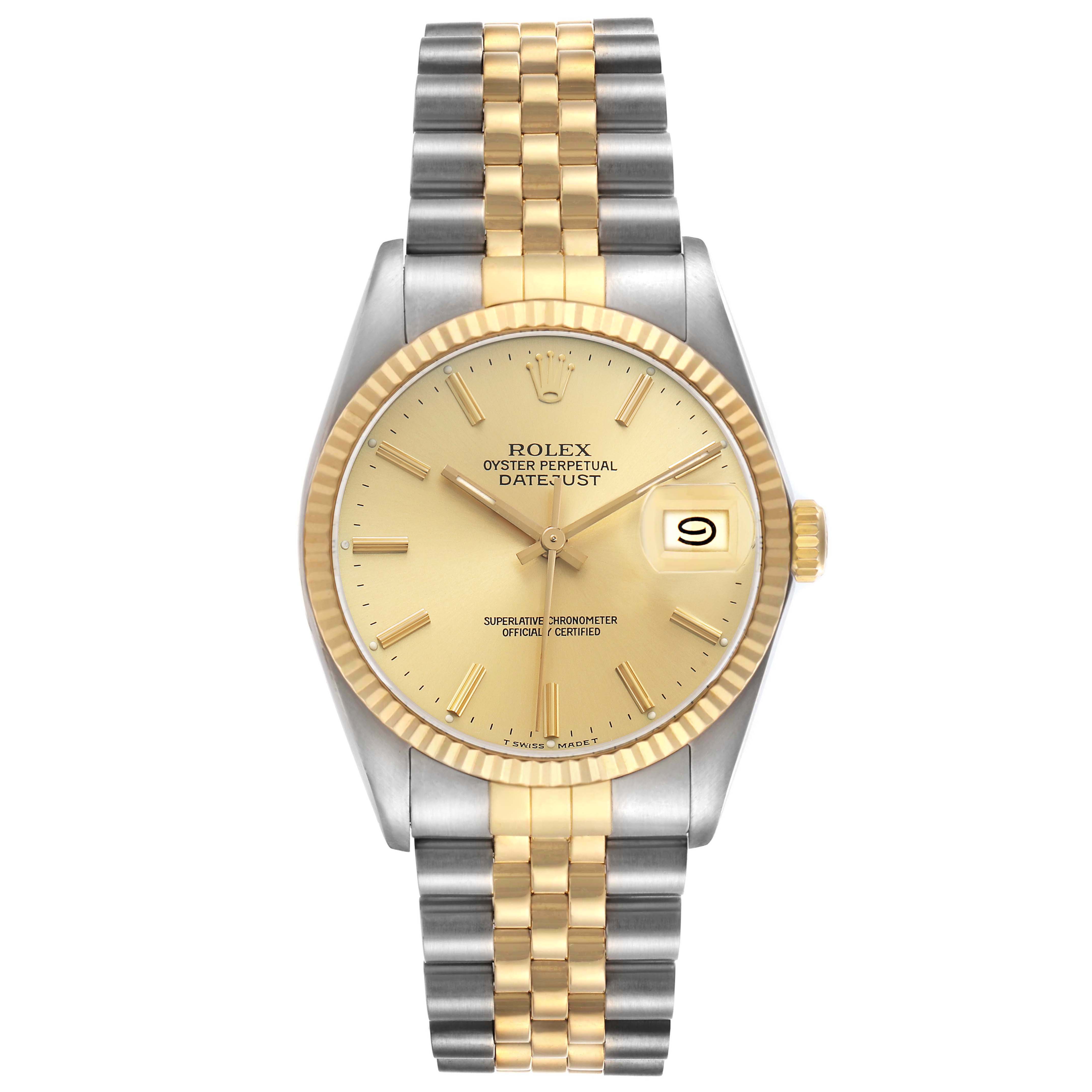 The Rolex Datejust 16013 Men's Stainless Steel Champagne Dial watch is shown from the front, featuring the dial, bezel, and bracelet.
