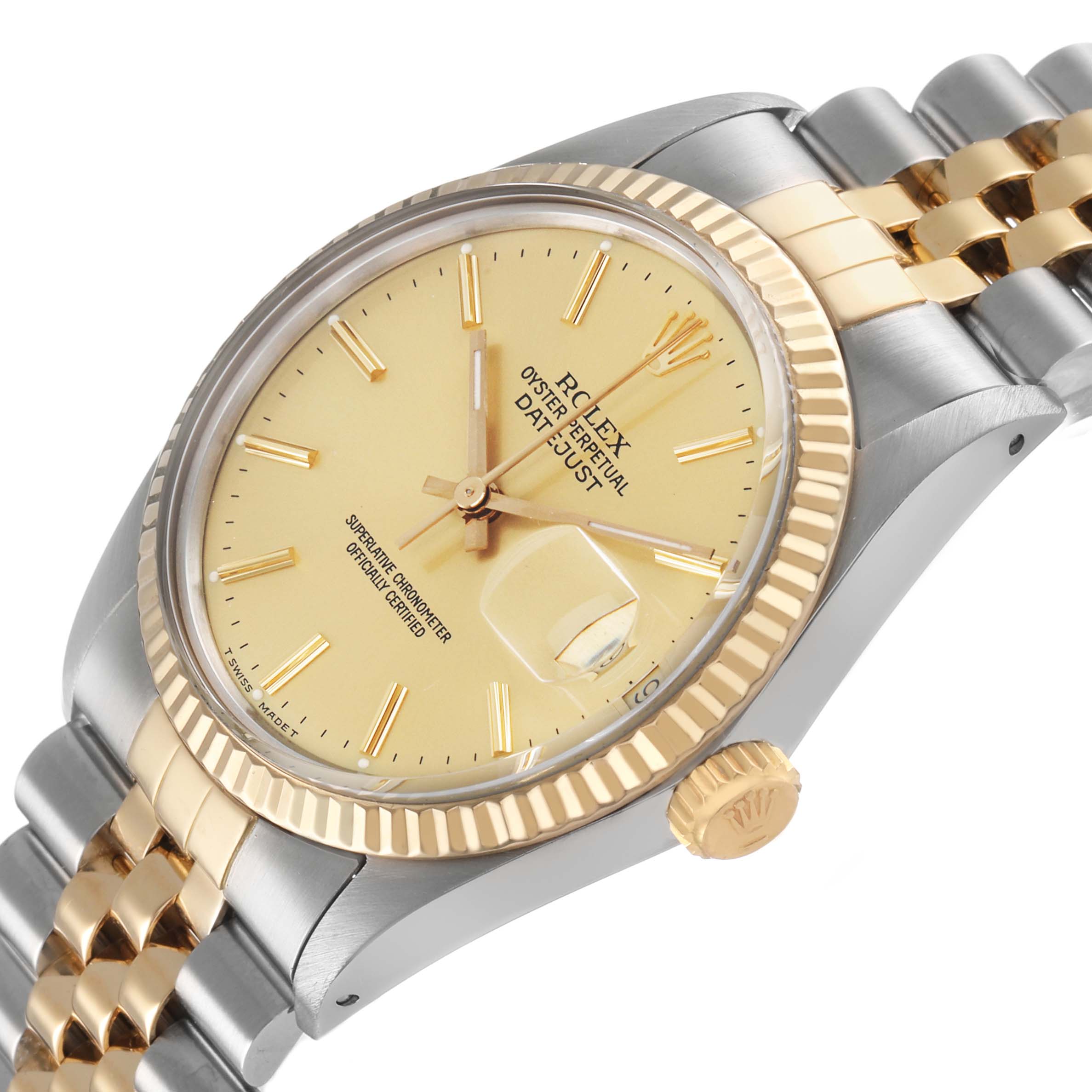 The Rolex Datejust 16013 Men's Stainless Steel Champagne Dial is shown at an angled view, highlighting the bezel, dial, hands, and part of the bracelet.