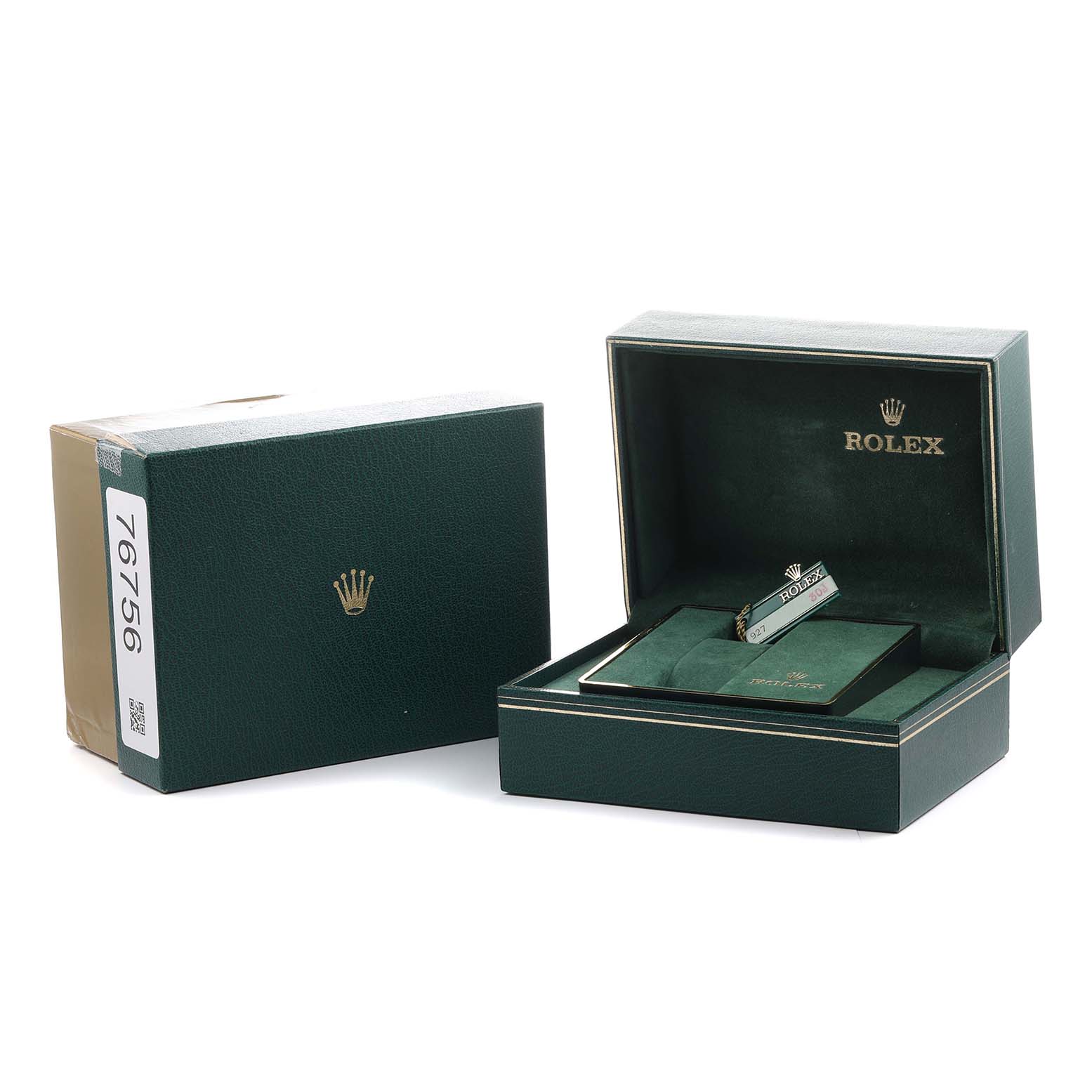 The Rolex Datejust 16013 Men's Stainless Steel Champagne Dial watch box is shown at an angle with an open lid, displaying the inside packaging and branding accessories.